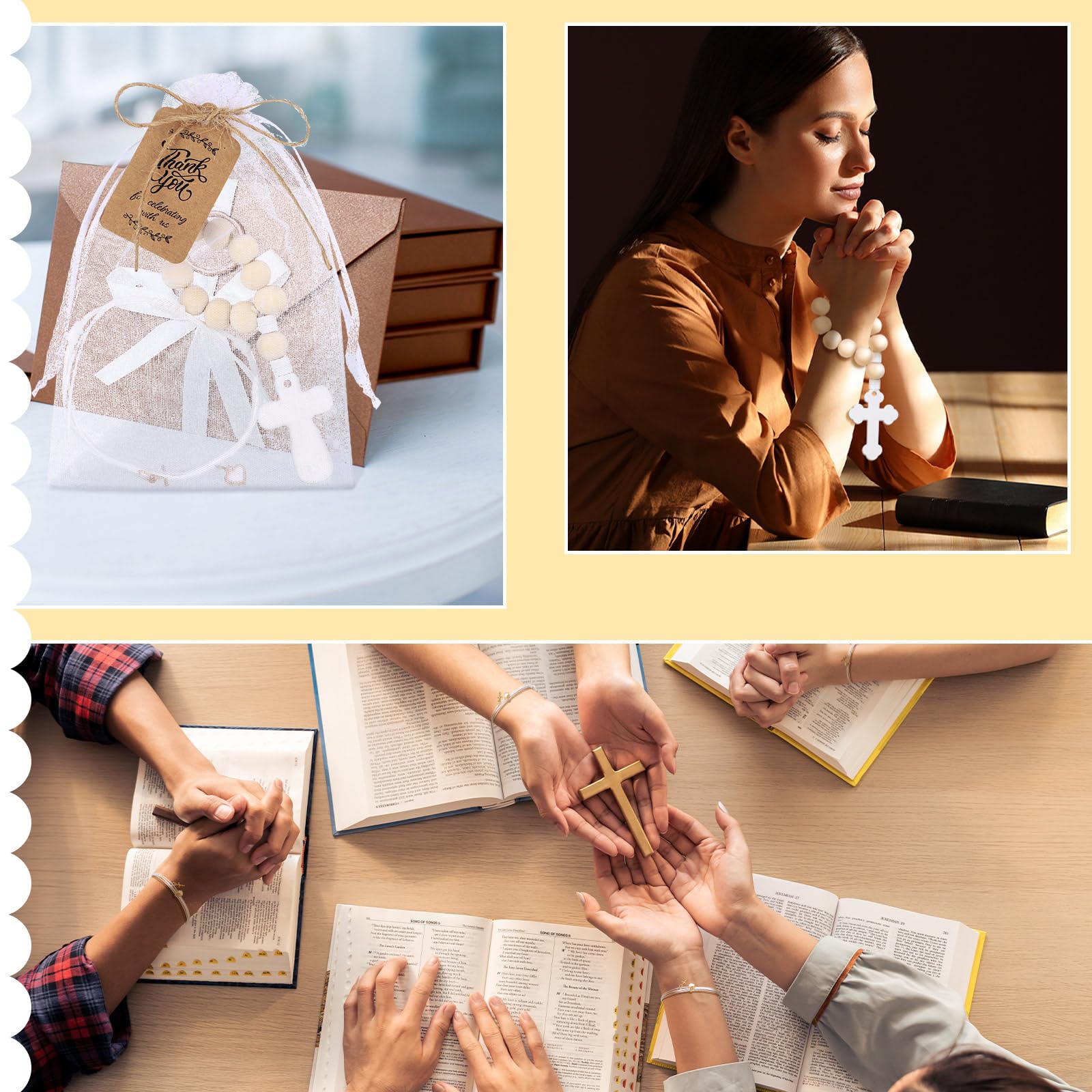Supervitae 60 piezas de recuerdos de bautizo para invitados, incluye pulsera ajustable con corazón cruzado, rosario de madera, tarjeta de agradecimiento y bolsa de malla blanca para decoraciones de