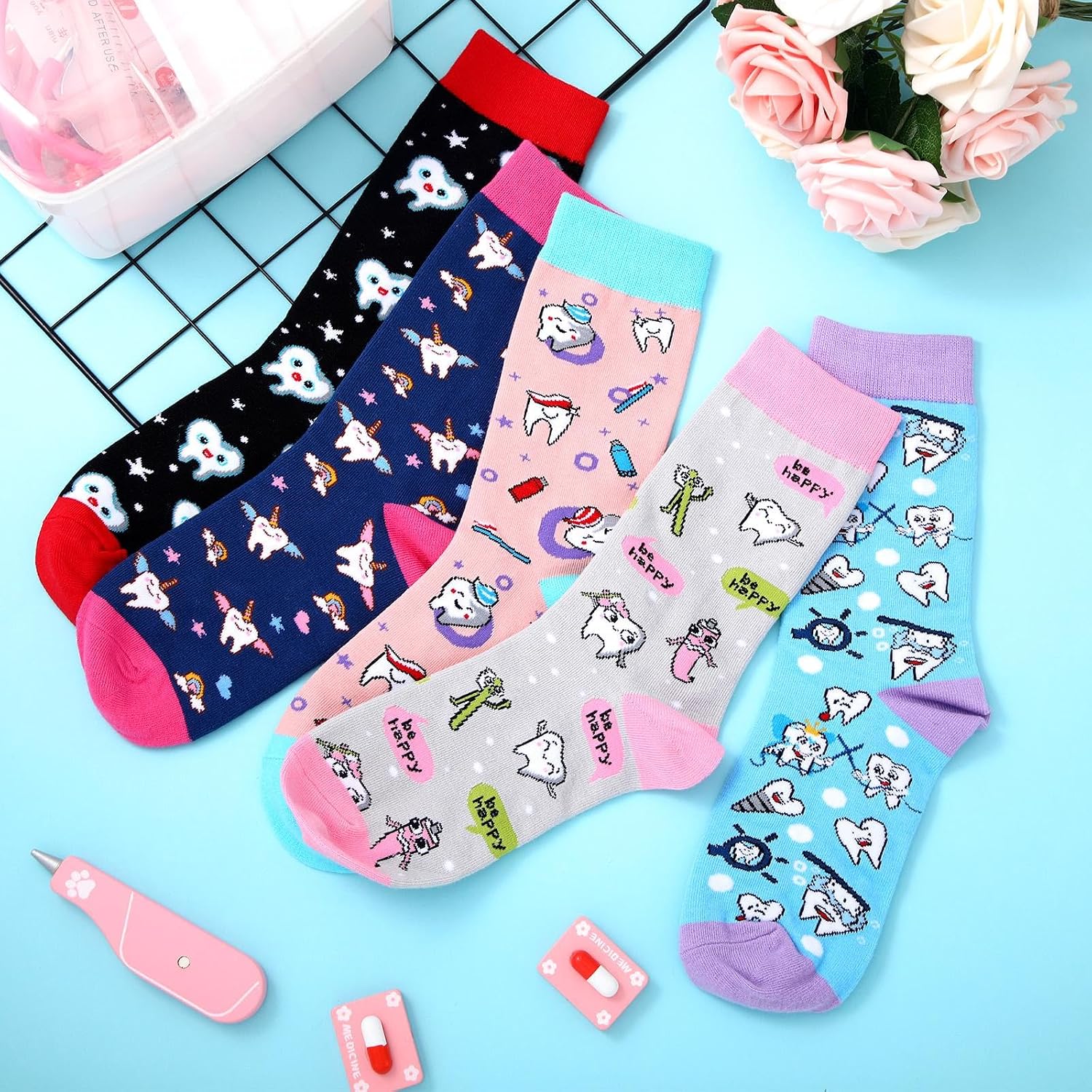 Vicenpal 5 Pairs Women Funny Dental Teeth Nurse Teacher Socks, Novel Style image 2