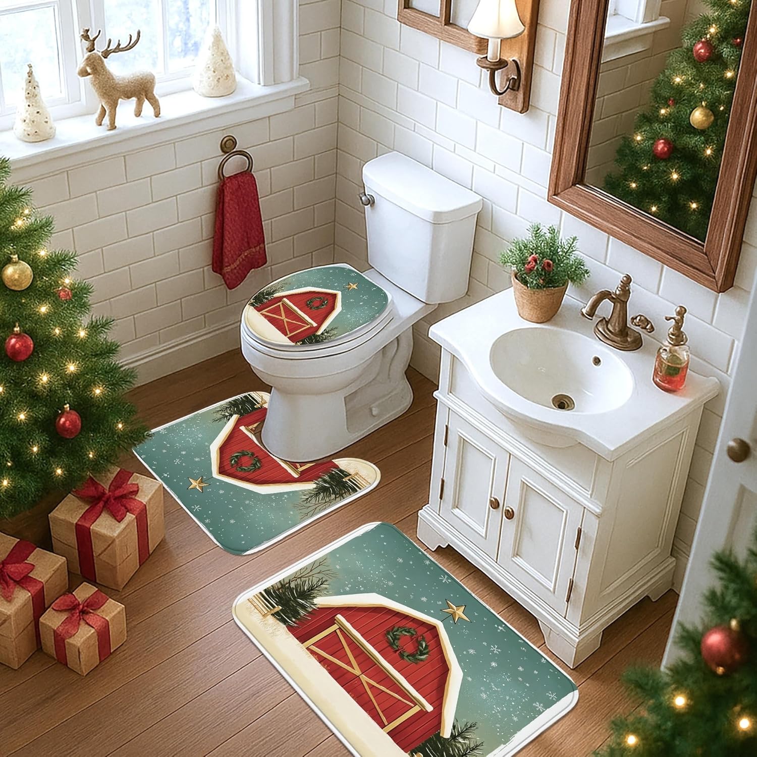 4PCS Winter Farmhouse Christmas Bathroom Sets with Non-Slip Rug, U Shape Toilet Lid Cover Mat, Country Barn Xmas Bathroom Decoration 72''x72''