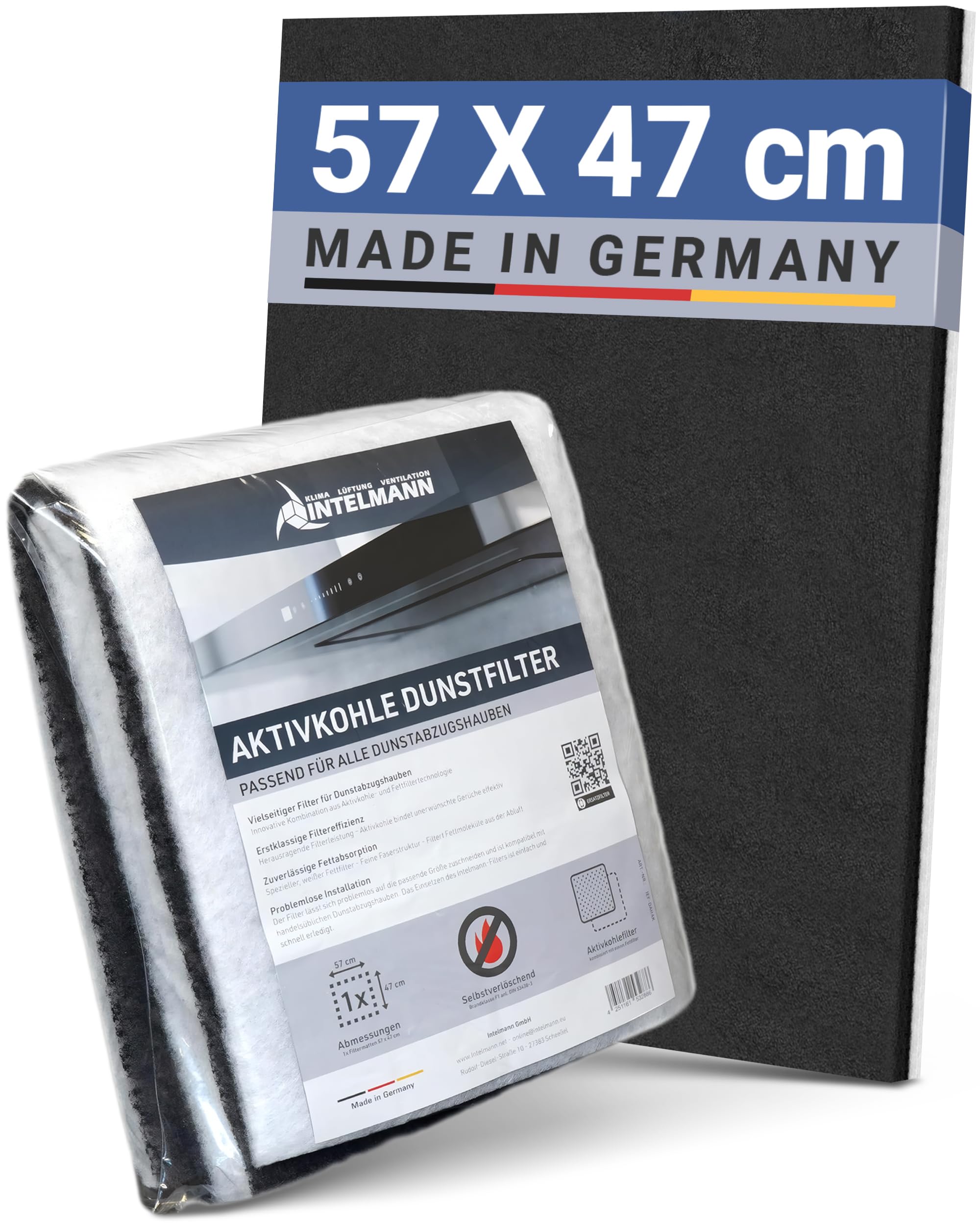 Intelmann® Universal Dunstabzugshauben-Filter mit Aktivkohle & Fettfilter, 57x47 cm, extra dicke Aktivkohleschicht, zuschneidbar, für zuverlässige Geruchs- und Fettabsorption