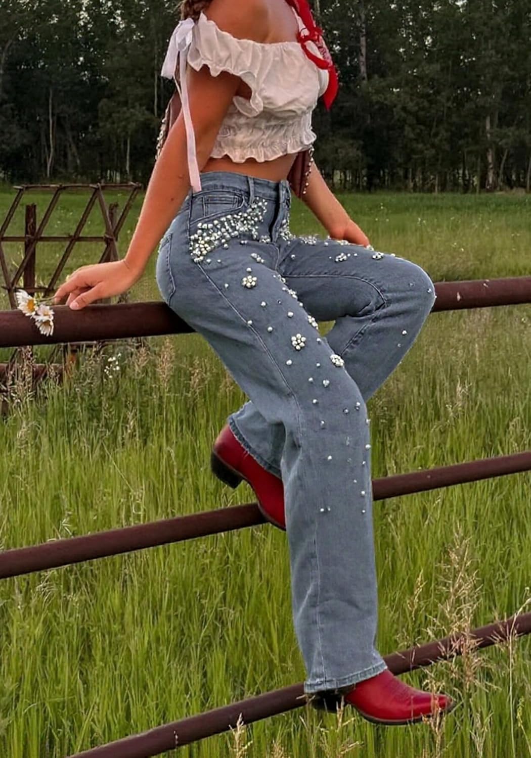 Rhinestone Pearl Jeans - Women's High Waist Straight Leg Stretch Denim Holiday Party Pant