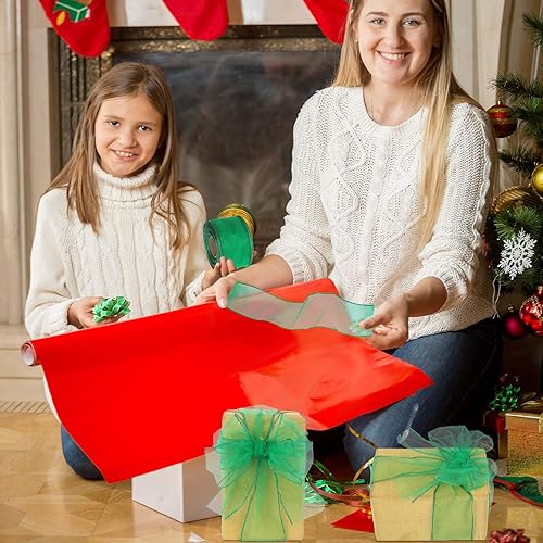 Miniatura 6 de 2 Rolls Christmas Organza Wired Sheer Ribbon Chiffon Ribbon Wide Solid Color Wired Sheer Organza for Christmas (Red, Green)