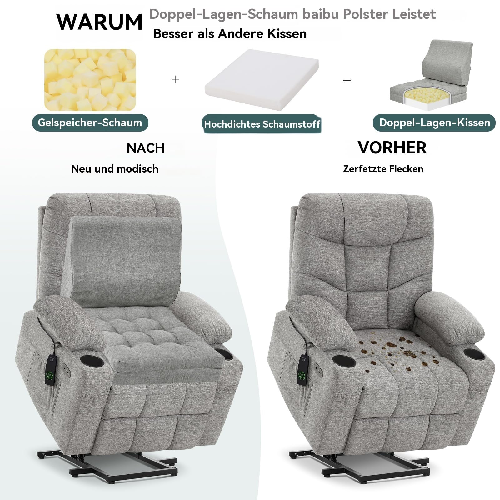 Shinnwa Memory Foam Fernsehsessel Sitzkissen mit Rückenkissen für ältere Menschen, 50x50x12.7CM Dual Layer Sitzerhöhung Rutschfestes Sitzkissen für Sofa, Grau