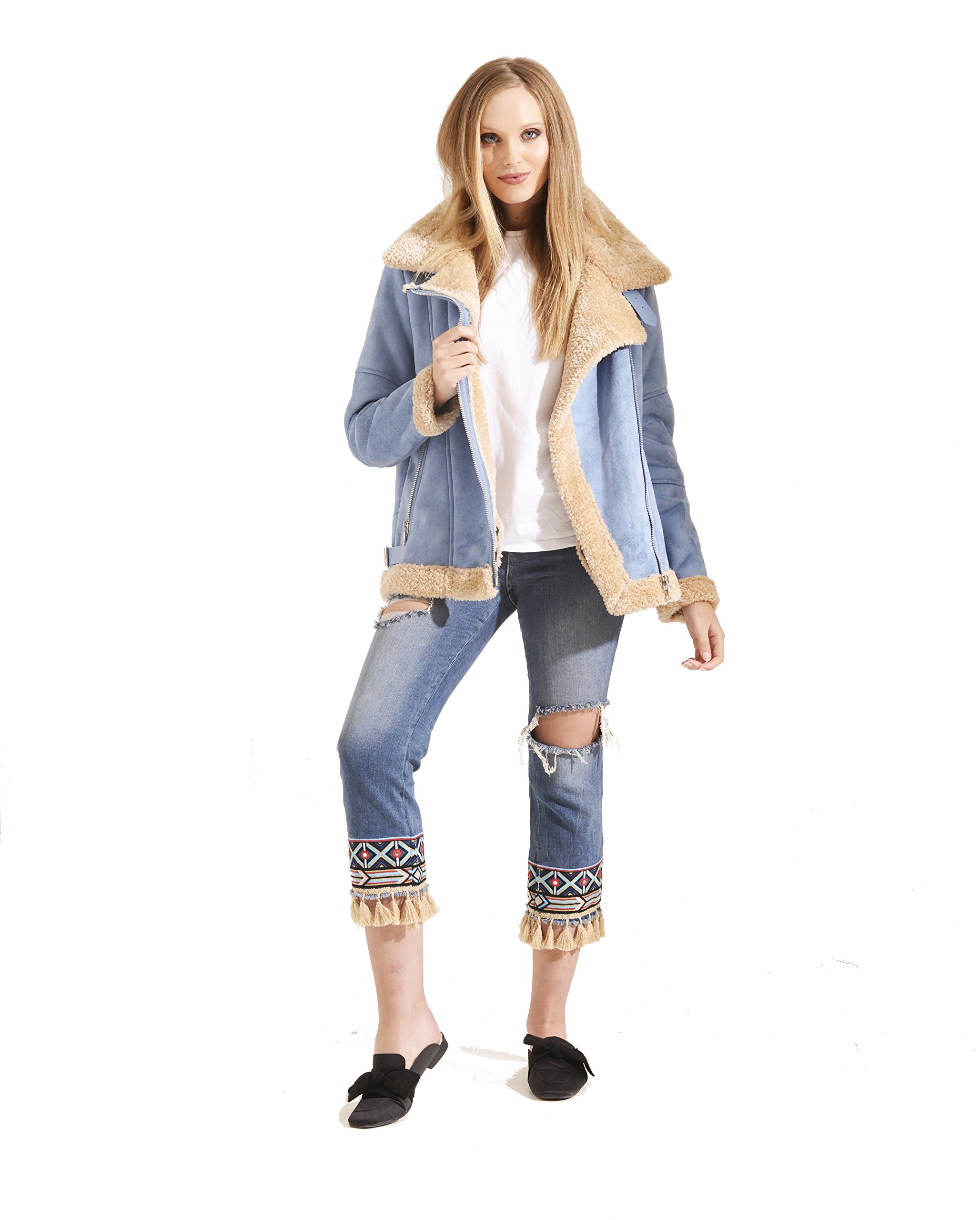 Charcoal Fashion Shearling Aviator Biker (08JW18 Dusty Blue) (12)