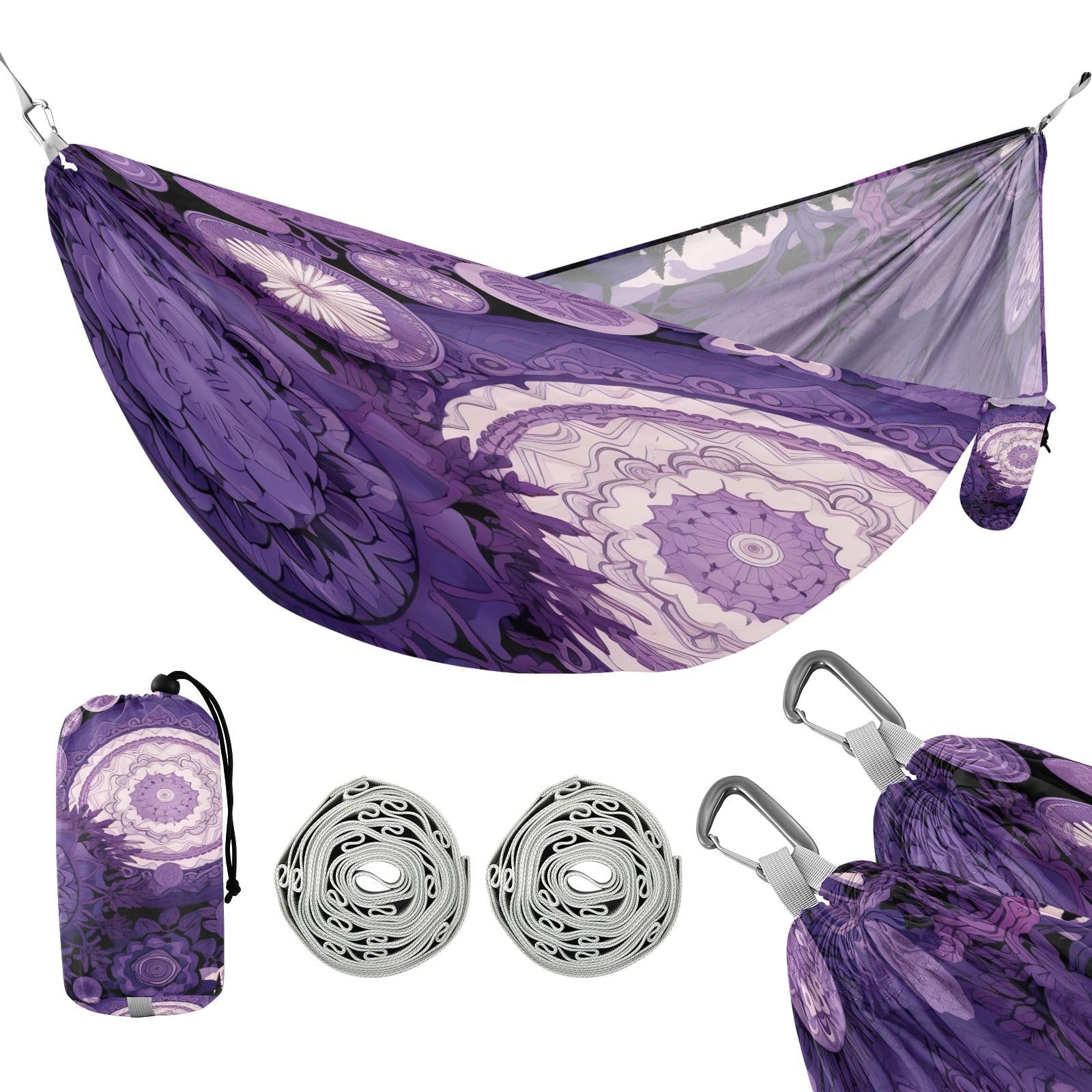 SDMKA Purple Circular Designs Camping Hammock, 330 lbs with 2 Tree Straps, Carry Bag, Single Portable Hammock for Outdoor/Indoor, Hiking, Beach, Backpacking, Travel