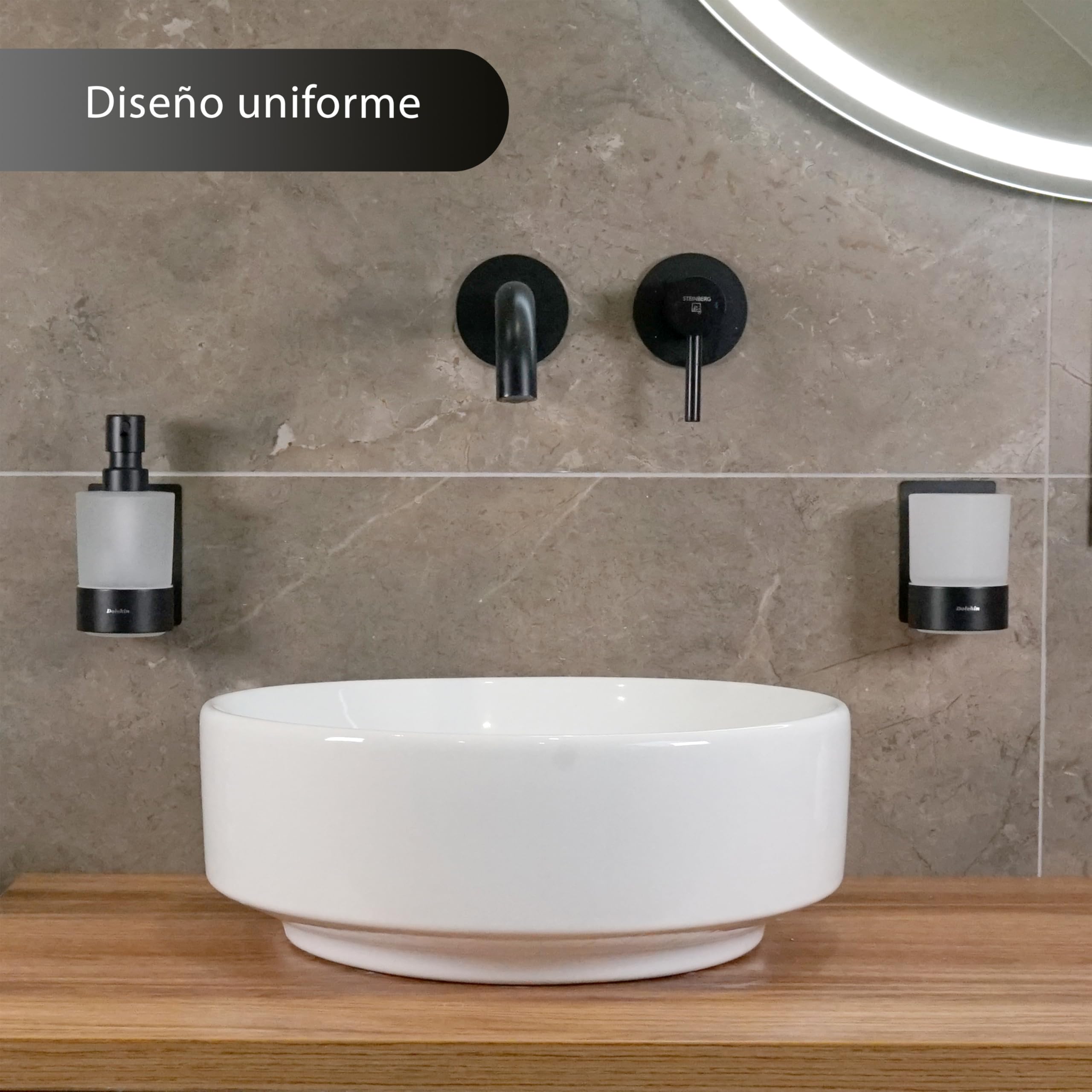 Set Dispensador Jabón & Portacepillos de Dientes | Vidrio Esmerilado y Acero Inoxidable | Soporte Vaso Cepillos sin Taladro | Dosificador de Pared Adhesivo | Juego de Baño | Negro Mate