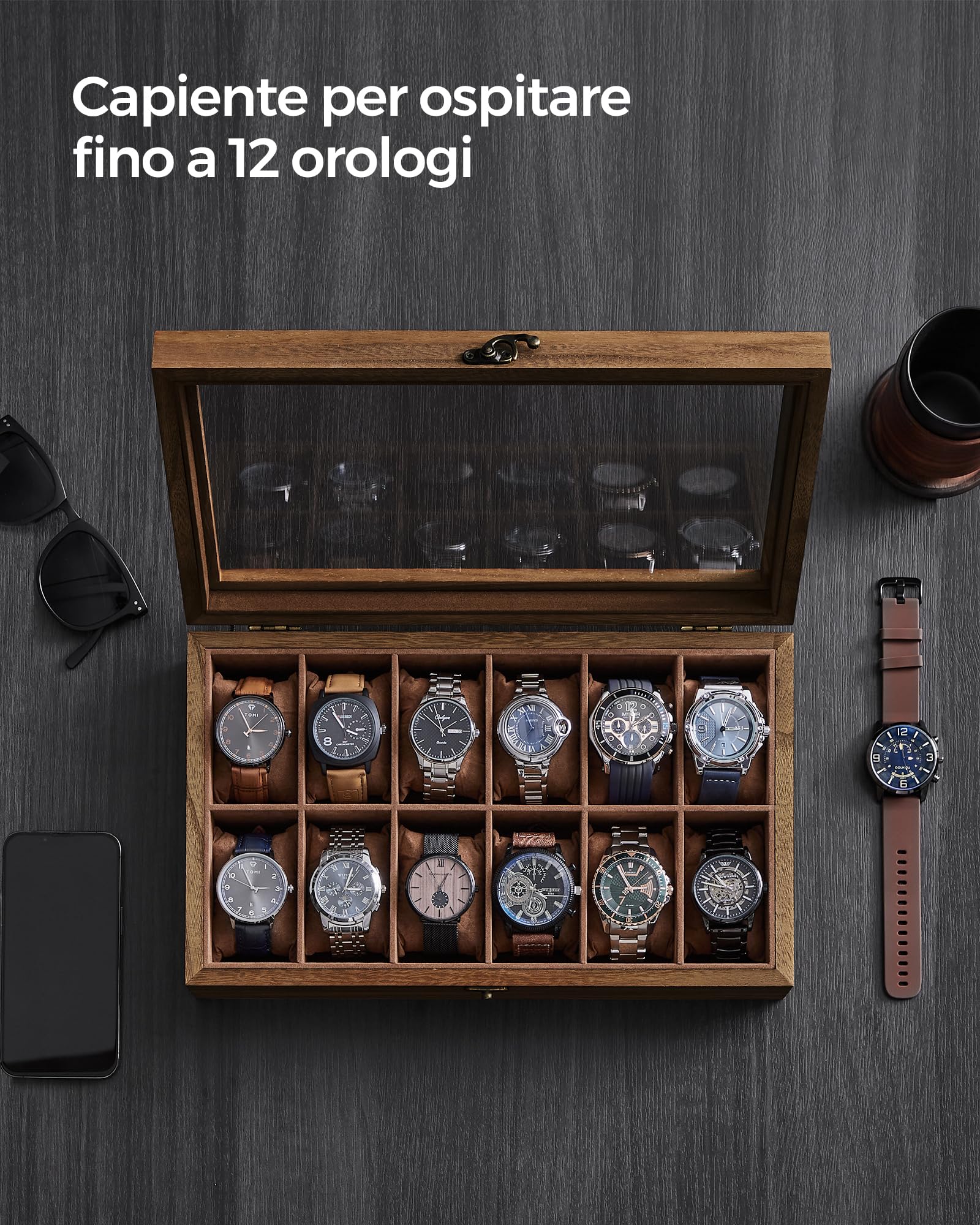 SONGMICS Scatola per Orologi, Scatola Porta Orologi a 12 Scomparti, Portaorologi in Legno con Coperchio in Vetro e Cuscinetti Rimovibili, Idea Regalo, Noce Rustico JOW120K01