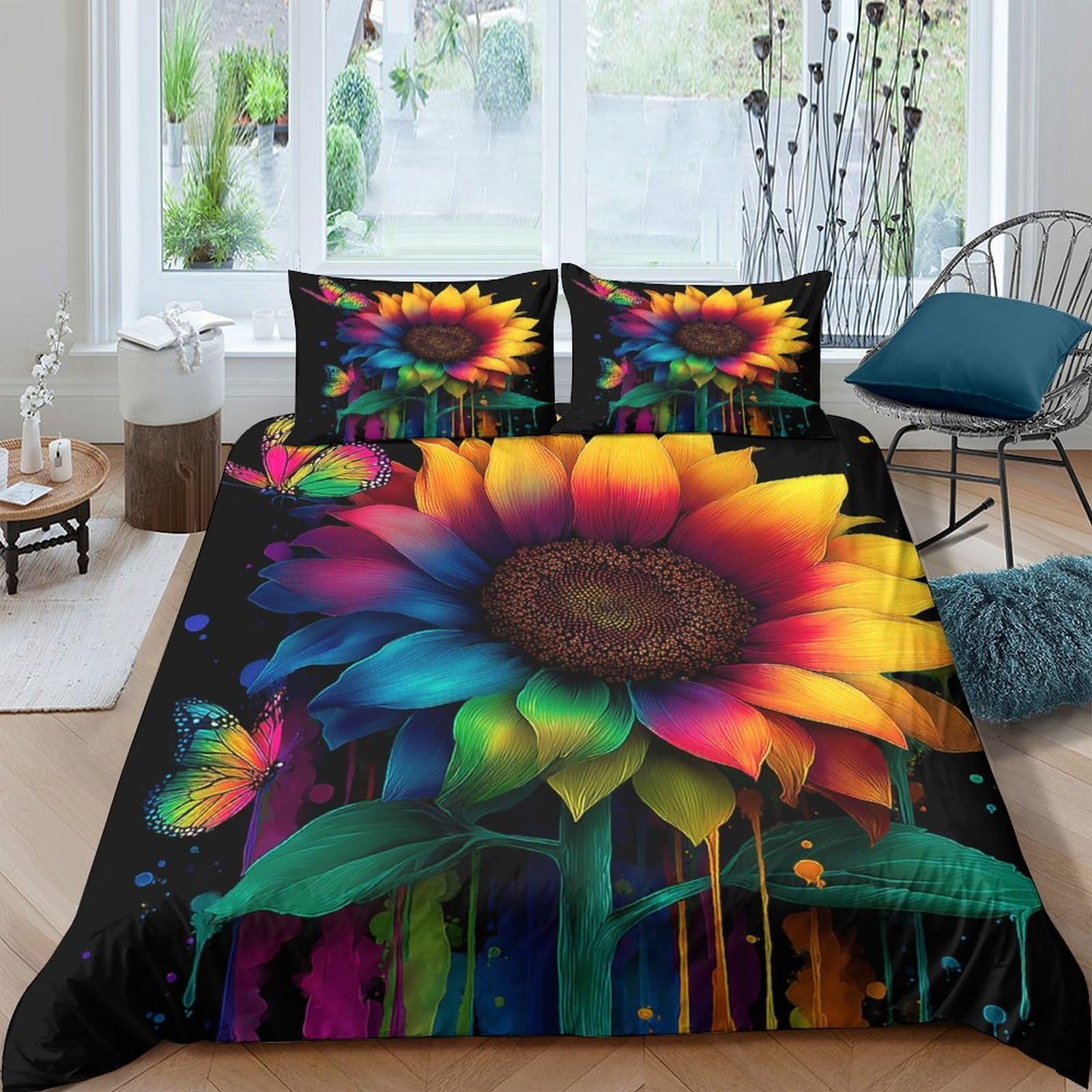Ctjqhvkz Style-4 3D Printed Rainbow Sunflower Fitted Sheet Microfiber Vibrant Butterfly Bed Cover For Bedroom Dorm Mattress Protection Decor Single（135X200cm）
