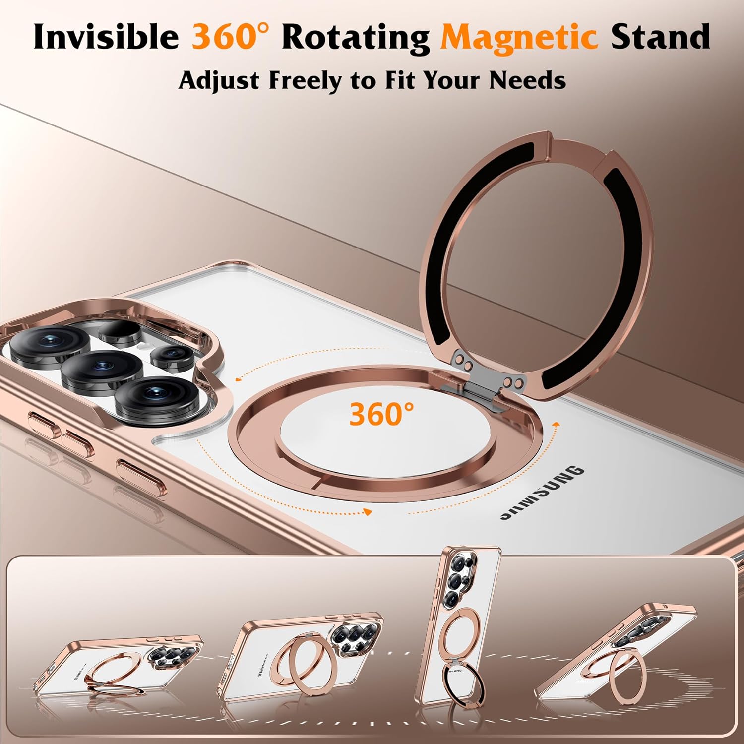 Compatible with Clear Samsung Galaxy S26 Ultra Case with 360° Invisible Magnetic Ring Stand [Compatible with Mag-Safe] Shockproof Plating Phone Case for S26 Ultra 6.9",Desert Gold