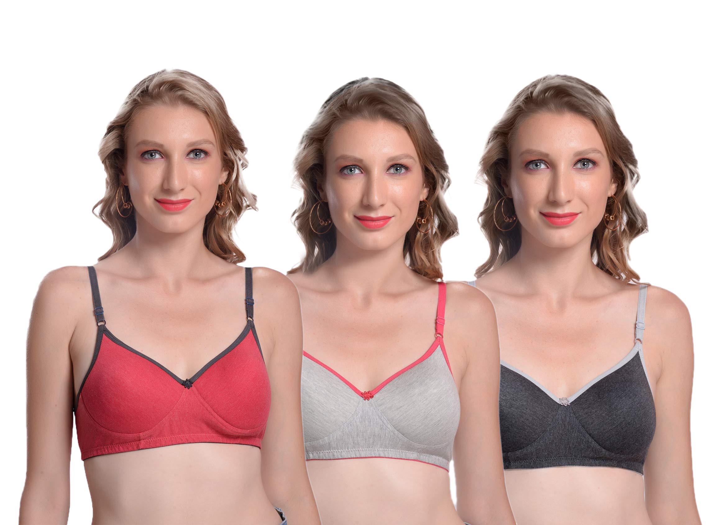 Verdon Women's Lightly-Padded, Non-Wired Bra for Girls and Ladies Set Combo Pack of 3 | Red, Grey, Black |