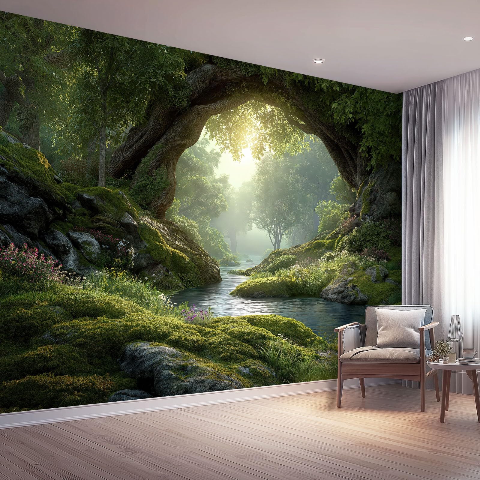 Art Papel Tapiz Fotográfico Paisaje De Fantasía Bosque Plantas Papel Pintado 300 x 210 cm, Art Mural De Pared Papel Pintado Verde Bosque Mural para Sala Estar Dormitorio Infantil Decoración