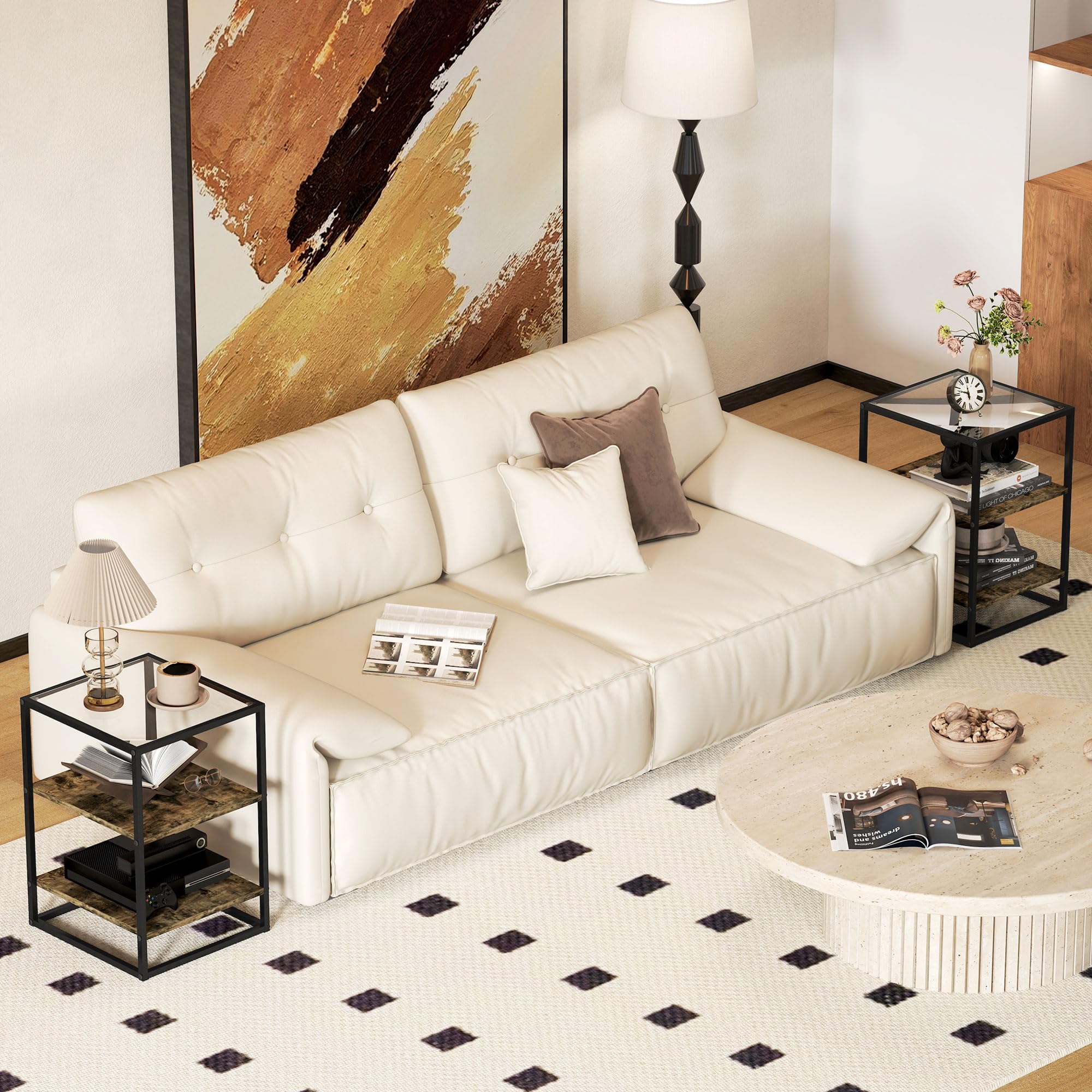 HOMCOM Set 2 Tavolini da Soggiorno a 3 Livelli con Base Rialzata, Tavolini Bassi in Legno, Metallo e Piano in Vetro Temperato, 37x40x55.5 cm, Marrone