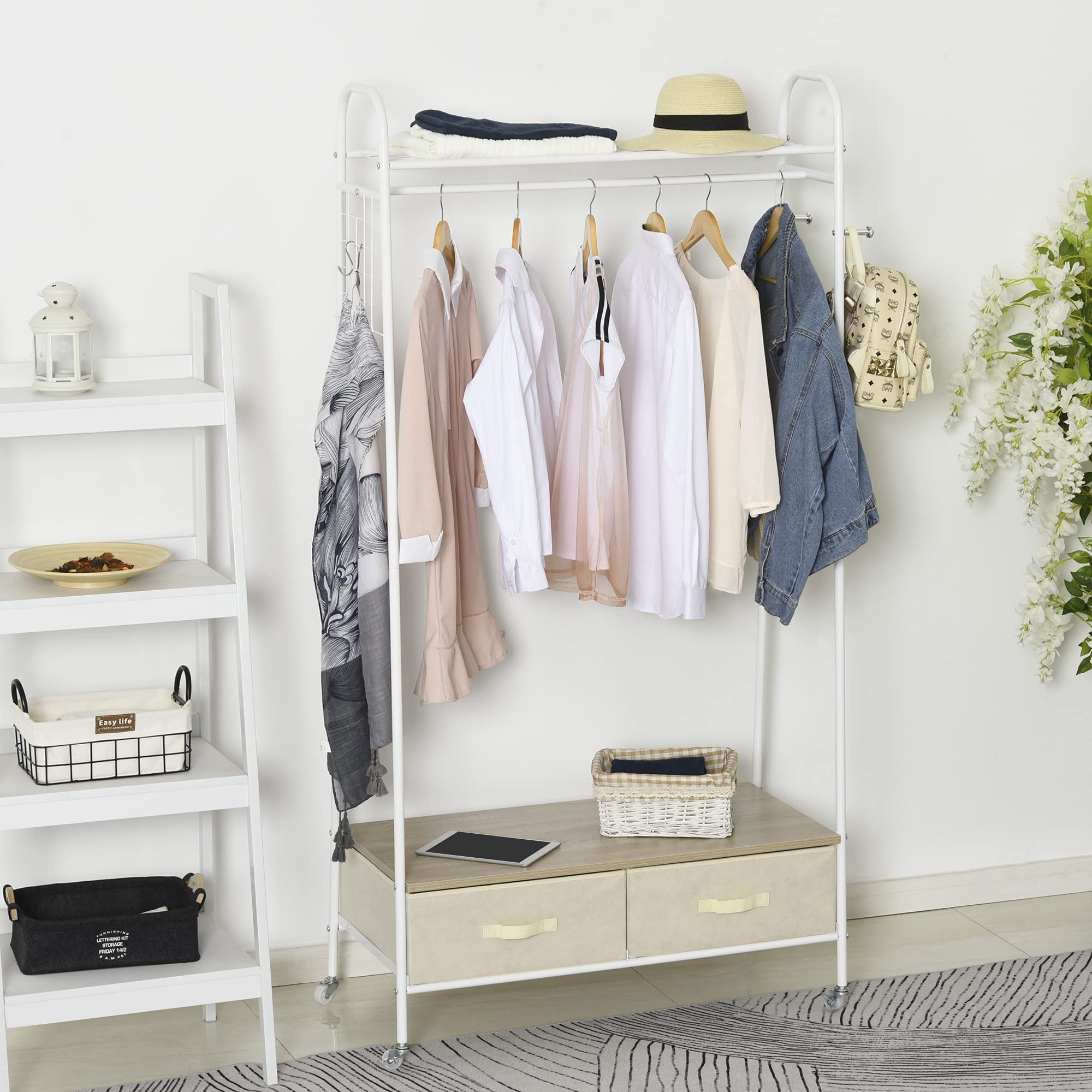 HOMCOM Perchero Metálico con Ruedas para Ropa con Riel Cajones 99x47x185cm | Colgador para Ropa, Estantes, Organizar Bolsos Zapatos, Hogar Vestidor Pasillo