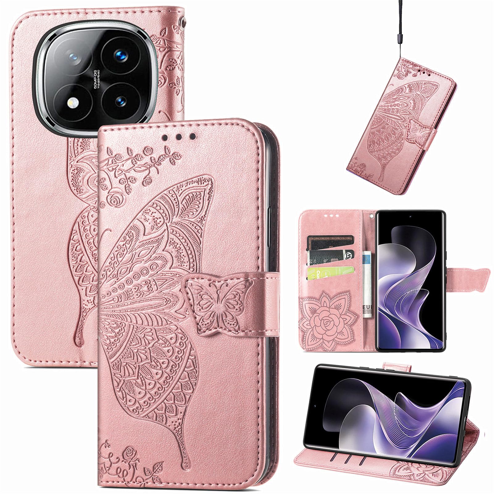 JIUNINE Cover Portafoglio Con Farfalla Per Xiaomi 13T / 13T Pro – Custodia A Libro In PU Pelle Con Fessure Per Carte E Supporto, Antiscivolo, Viola - 6