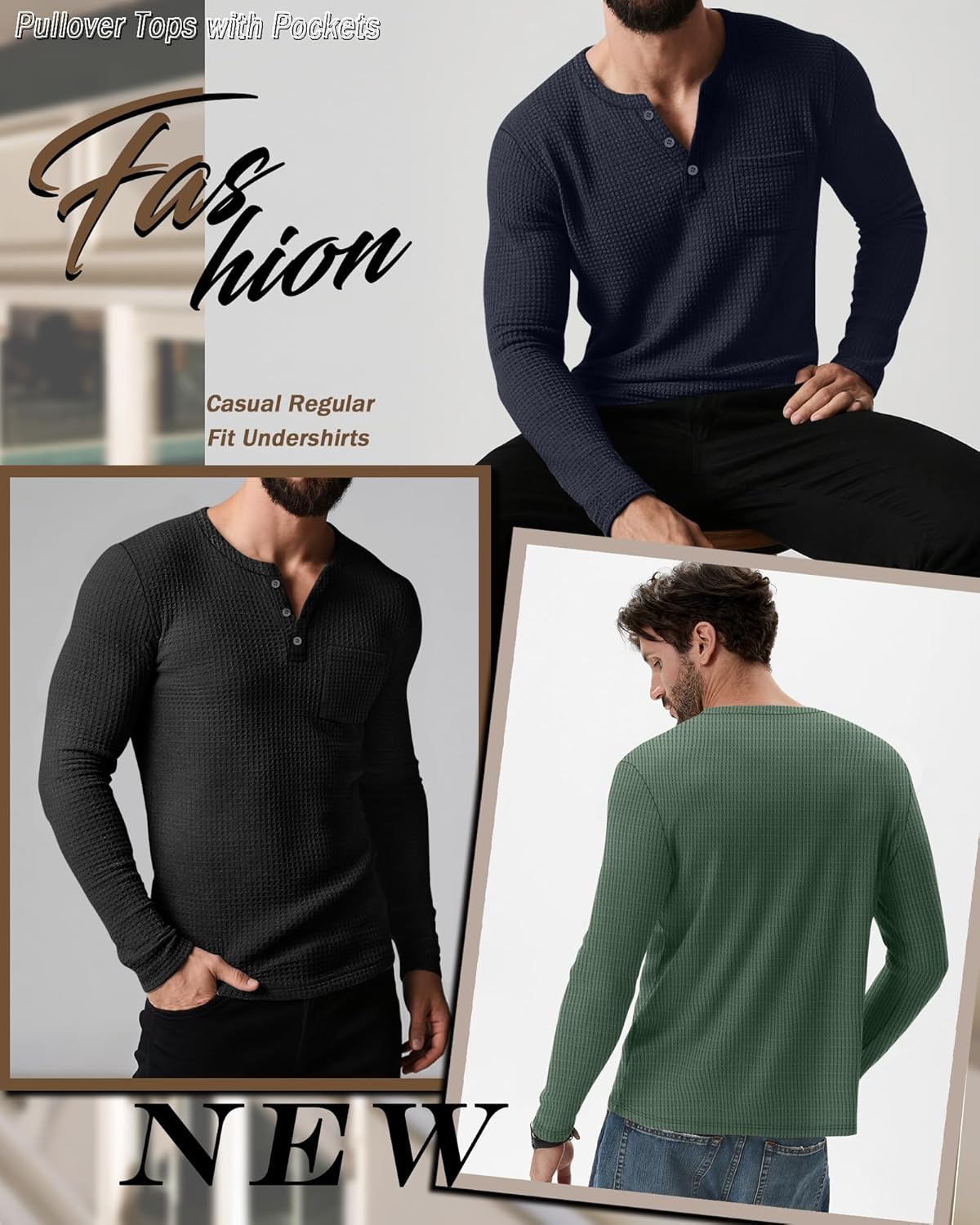 3 Pack Men's Waffle Henley Long Sleeve Thermal Shirts, Lightweight Casual Undershirts Pullover Tops with Pockets - Image 5