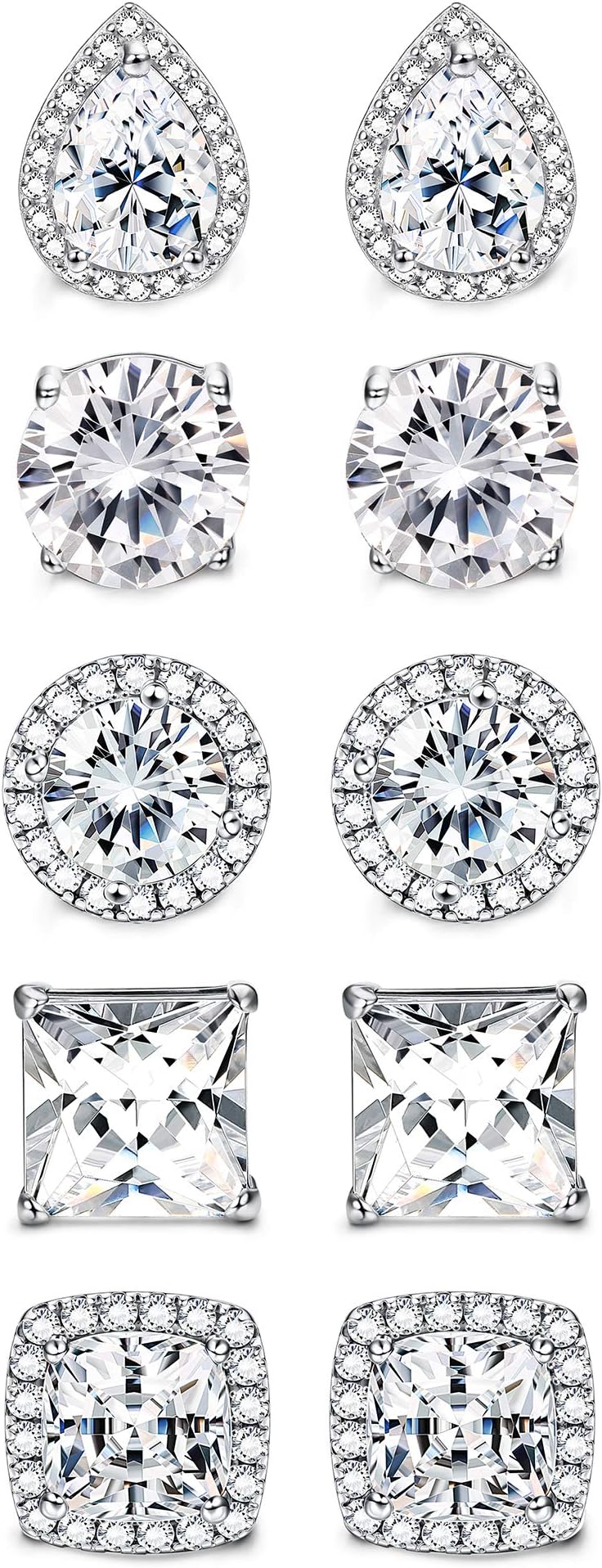 sailimue5 Pairs Stainless Steel Cubic Zirconia Stud Earrings Set for Women Men Brilliant Round Square Teardrop Faux Diamond Halo Earrings CZ Piercing Earrings Jewelry GiftsCarbonfree Certified