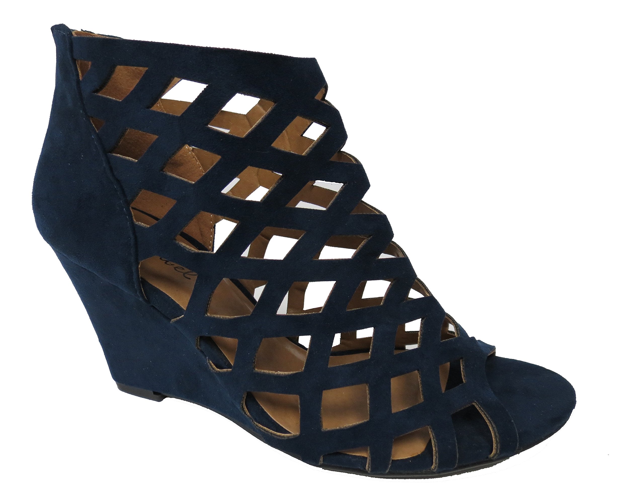 BonnibelTrina-2 Womens Cut Out Back Zip Wedge Sandals,Navy,8.5