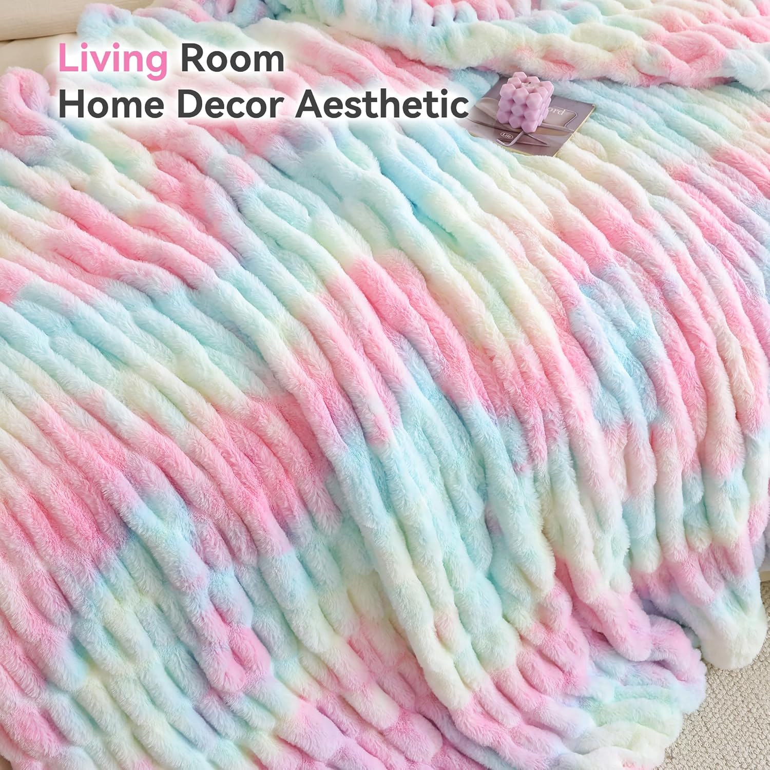 Smoofy Rainbow Throw Blanket for Couch – Ultra Soft Cozy Plush Fluffy Blanket with Faux Rabbit Fur, Fuzzy Lightweight Fleece for Sofa, Bed & Office, Gift for Women, Home Room Decor Throw 60"x 80" - Image 6