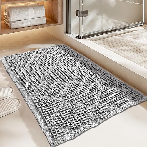 Miniatura 7 de ZALL Tapete de baño con diseño de gofres, súper absorbente, antideslizante, color gris, 18 x 30 pulgadas, patrón geométrico de diamante, lavable a