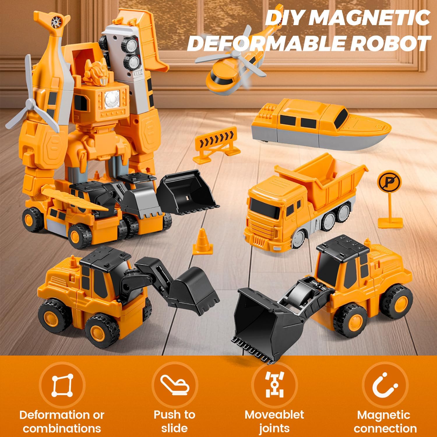 Magnetic Transform Engineering Car Toys, 35PCS Magnetic Blocks Construction Vehicles, Assemble into Cool Robot with Storage Box, Educational Building Toy Trucks for Kids Boys Ages 3-9