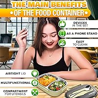 Vista 4 de Contenedor de almuerzo con retención de comida caliente, contenedor de almuerzo de oficina con compartimentos, acero inoxidable y plástico duradero