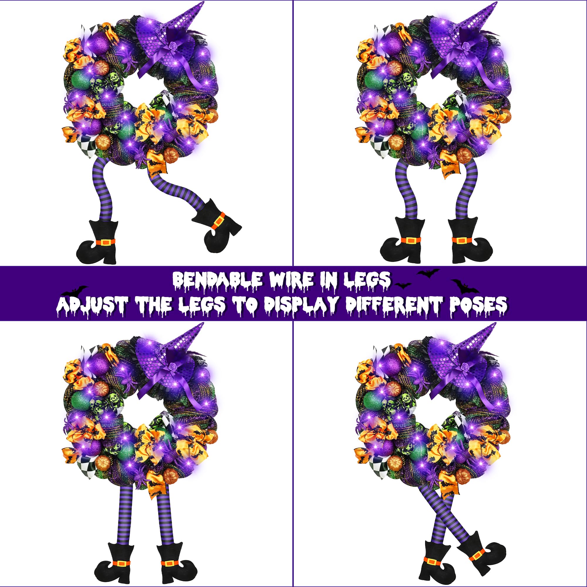 Halloween Witch Wreath, 18X30 Inch Halloween Wreaths for Front Door with 20 LED Purple Lights Witch Hat Two Long Legs, Halloween Wreath for Halloween Decorations Indoor Outdoor