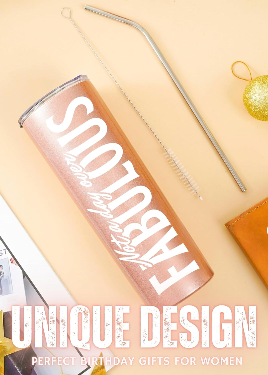 Onebttl Not a Day Over Fabulous Birthday Gifts for Women, Female, Her, 20oz Stainless Steel Insulated Tumbler with Straw Rose Gold - Image 2