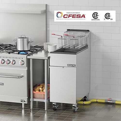 Miniatura 2 de EGGKITPO Freidora comercial de gas natural de 120,000 BTU, 4 quemadores, freidora de pie de acero inoxidable con certificación CSA con 2 cestas de