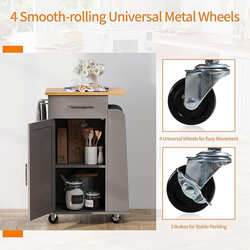 Miniatura 5 de Shintenchi Pequeña isla de cocina con ruedas con estante de especias lateral de 3 niveles y parte superior de madera de goma, carrito con armario de