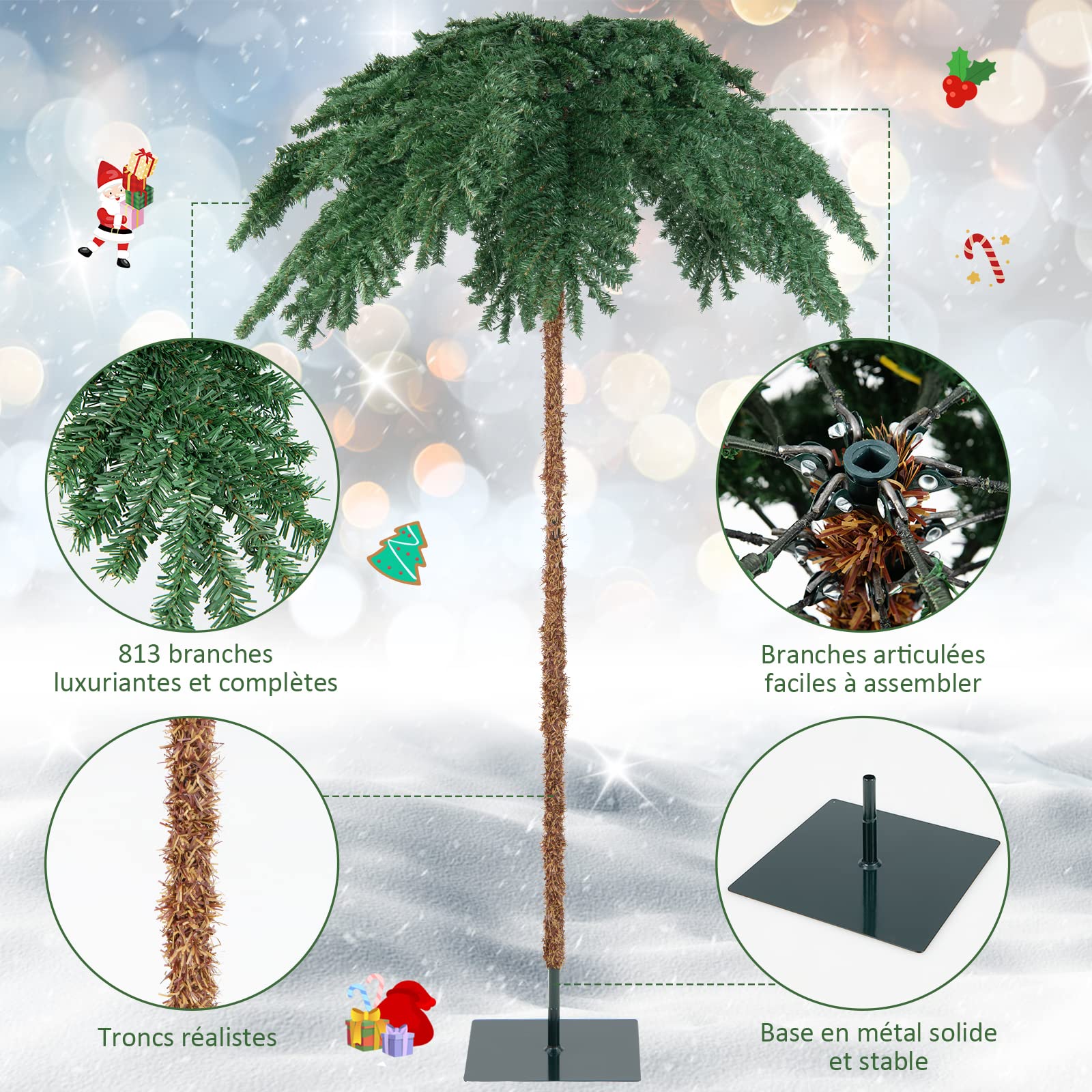 COSTWAY Sapin de Noël Artificiel de 180 cm, Palmier de Noël Pré-Illuminé avec 250 Lumières LED Blanc Chaud, 813 Branches, Structure à Charnière, Support, pour Porche, Maison
