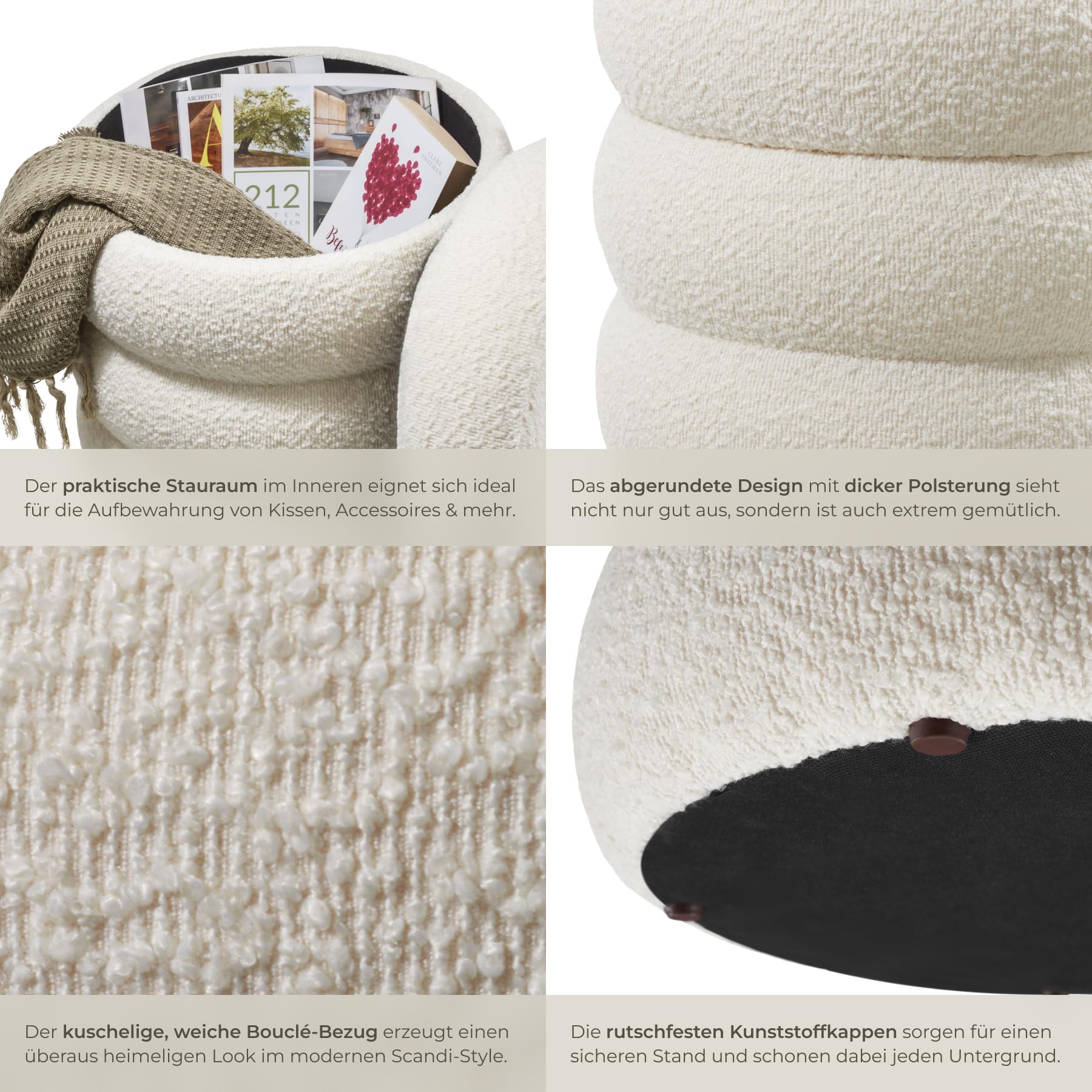 tectake® Hocker mit Stauraum, Scandi Sitzhocker Bouclé Teddy Stoff, Pouf, Polsterhocker rund für Schminktisch, Wohnzimmer Möbel, als Flur Möbel, Stauhocker Wohnen, Ø 42 x 47 cm - Bouclé Creme-weiß
