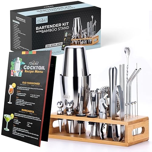 TEAVAS Mixology Bartender Kit with Japanese Jigger & Bamboo Stand - 25 Piece Stainless Steel Cocktail Making Set - Boston Shaker, Strainer, Mixer, Spoon, Muddler Barware - Anniversary & Birthday Gifts - Boston Bartender Set - Silver