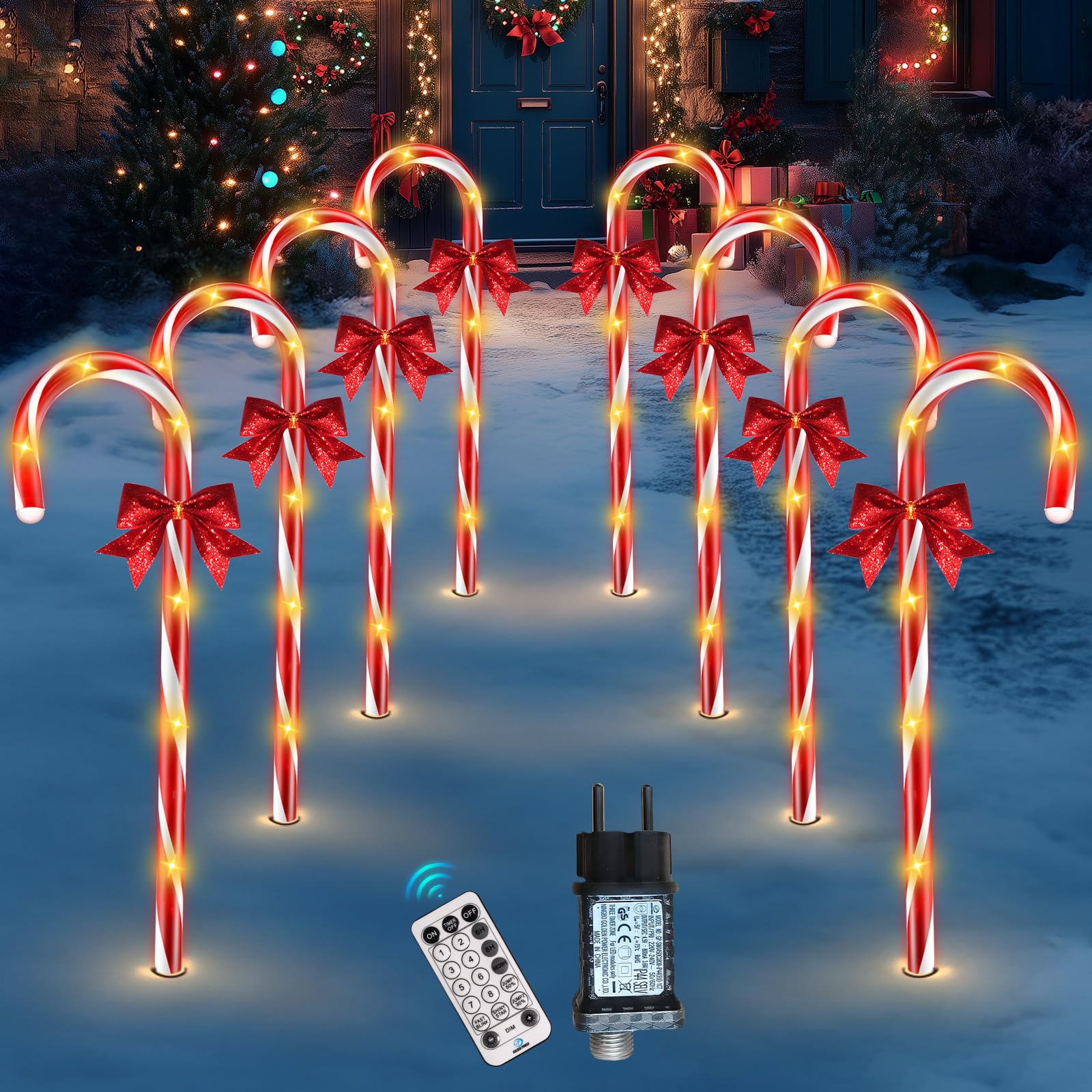 HELESIN Lot de 8 guirlandes lumineuses en forme de canne à sucre | Minuterie à 12 modes, décoration de sapin de Noël, canne à sucre éclairée, étanche, éclairage de Noël extérieur pour