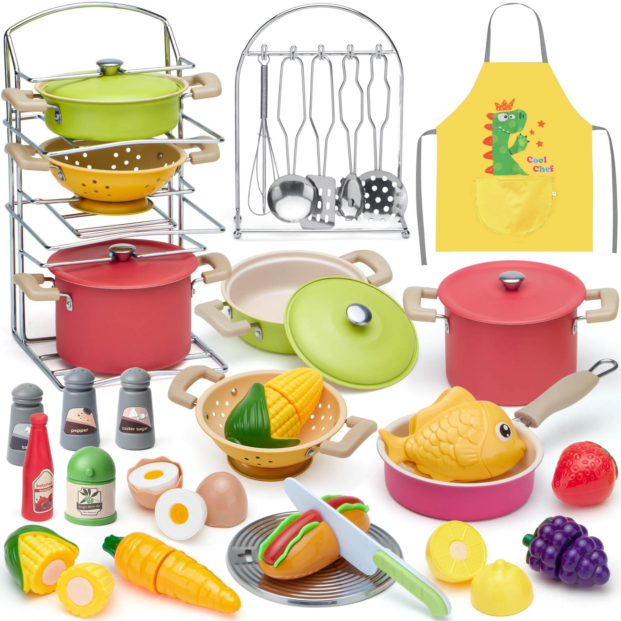 Tacobear Kinderküche Zubehör Kochset Topf Pfanne Edelstahl Kochgeschirr Set mit Obst Lebensmittel Schürze Spielküche Küchenzubehör Rollenspiel Spielzeug ab 3 Jahre Mädchen Junge Geschenk