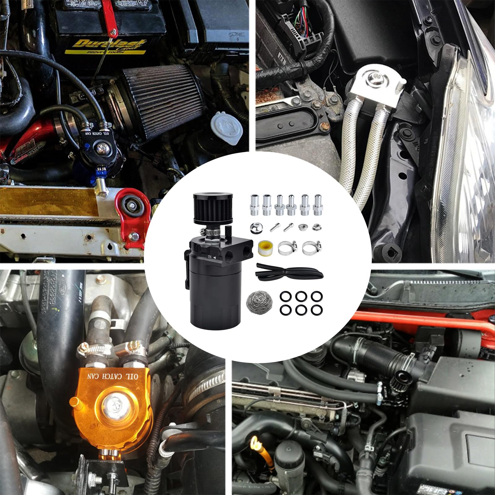 Oil Catch Can Auto,300ml Reniflard D'huile Auto,Aluminium Voiture Réservoir,Universel Séparateur Bidon Huile,Récupérateur Huile Moteur avec Filtre à Air,Tuyau et Autres Accessoires pour Une Variété