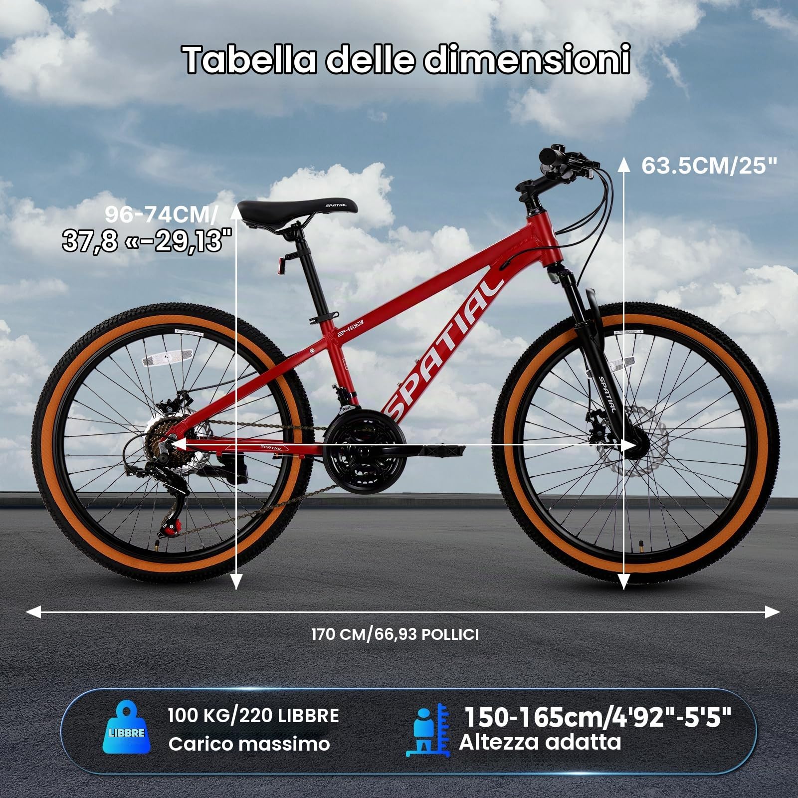 SPATIAL Mountain Bike, bici da ciclismo da esterno da 24/26/27,5/29 pollici, 21/8 velocità | Doppi freni a disco, sedile ergonomico regolabile per uomini, donne