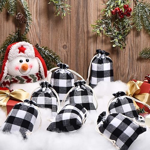 Miniatura 4 de 24 bolsas de regalo de Navidad a cuadros con cordón, bolsa de arpillera de Navidad con cordón, bolsa de Navidad de algodón lavable para envoltura de