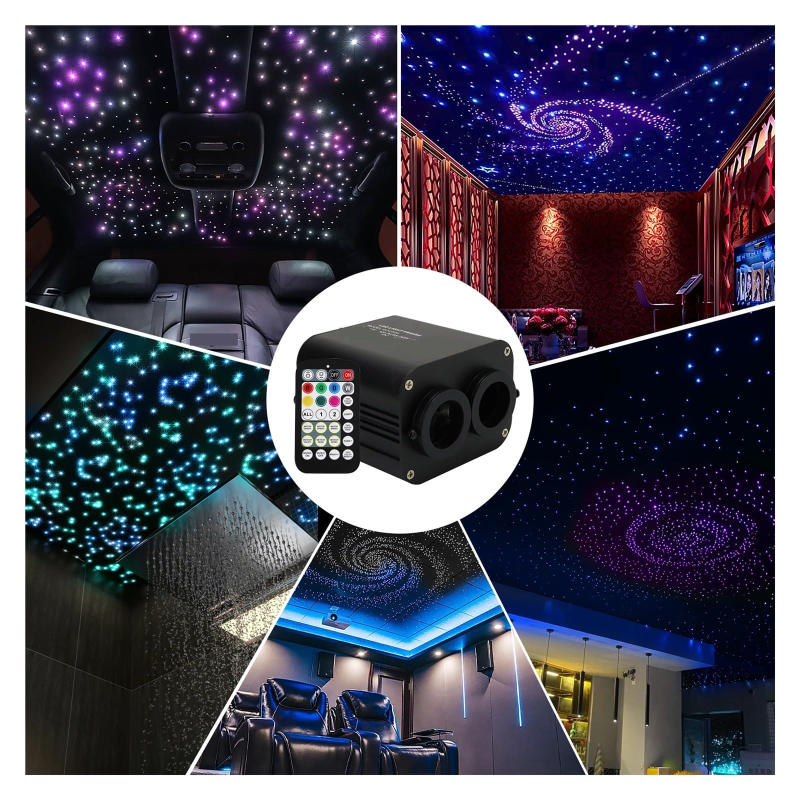 20W Podwójne Głowice Światłowód RGBW Światło Bluetooth Wnętrze Auta Na Dach Samochodowy Gwiazdy Lampa Sufitowa 2 Kolory W Różnych Migoczących Diodach LED