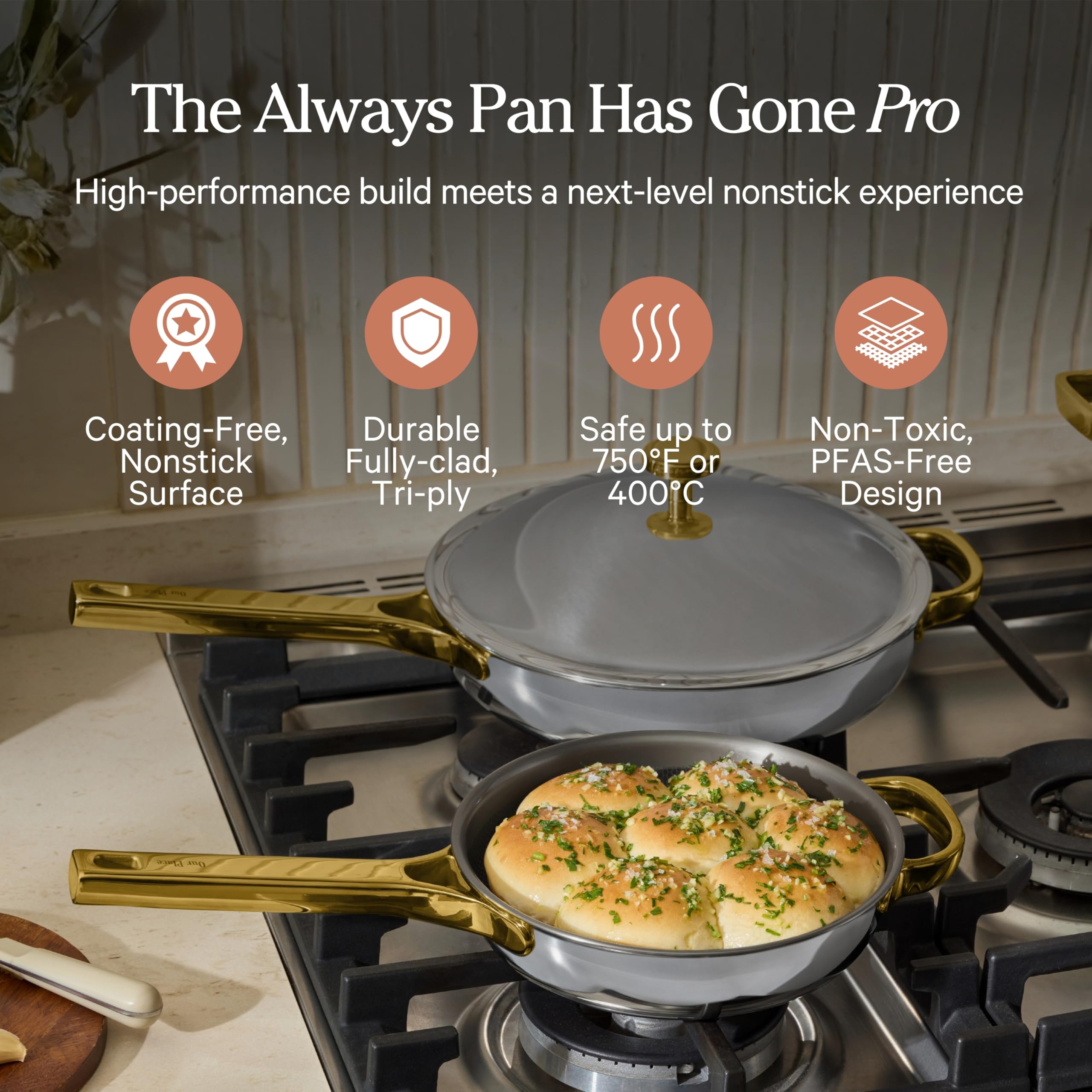 Our Place Titanium Always Pan Pro Antiaanbakpan zonder coating, 27 cm (2,65 l), drielaagse titanium roestvrijstalen pan, oven, inductie en alle warmtebronnen tot max