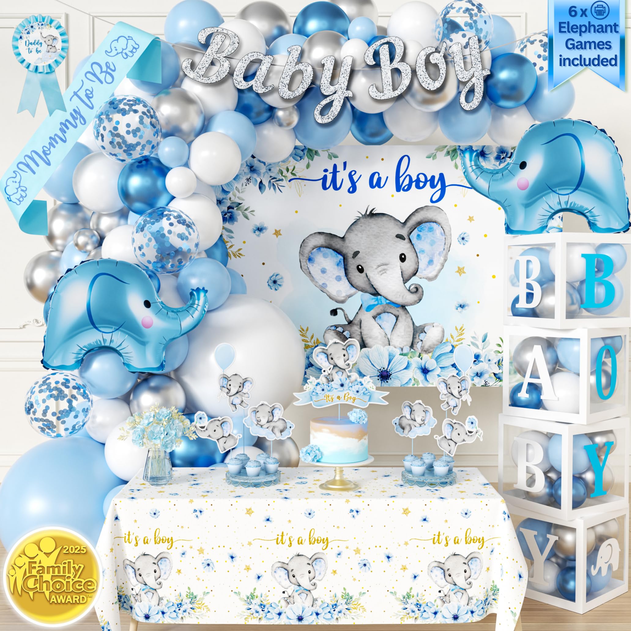 187 pc Premium Elephant Baby Shower Decorations - Balloon Garland Arch, Balloons Boxes, Baby Boy Banner, It's a Boy Backdrop, Mommy to Be Sash,