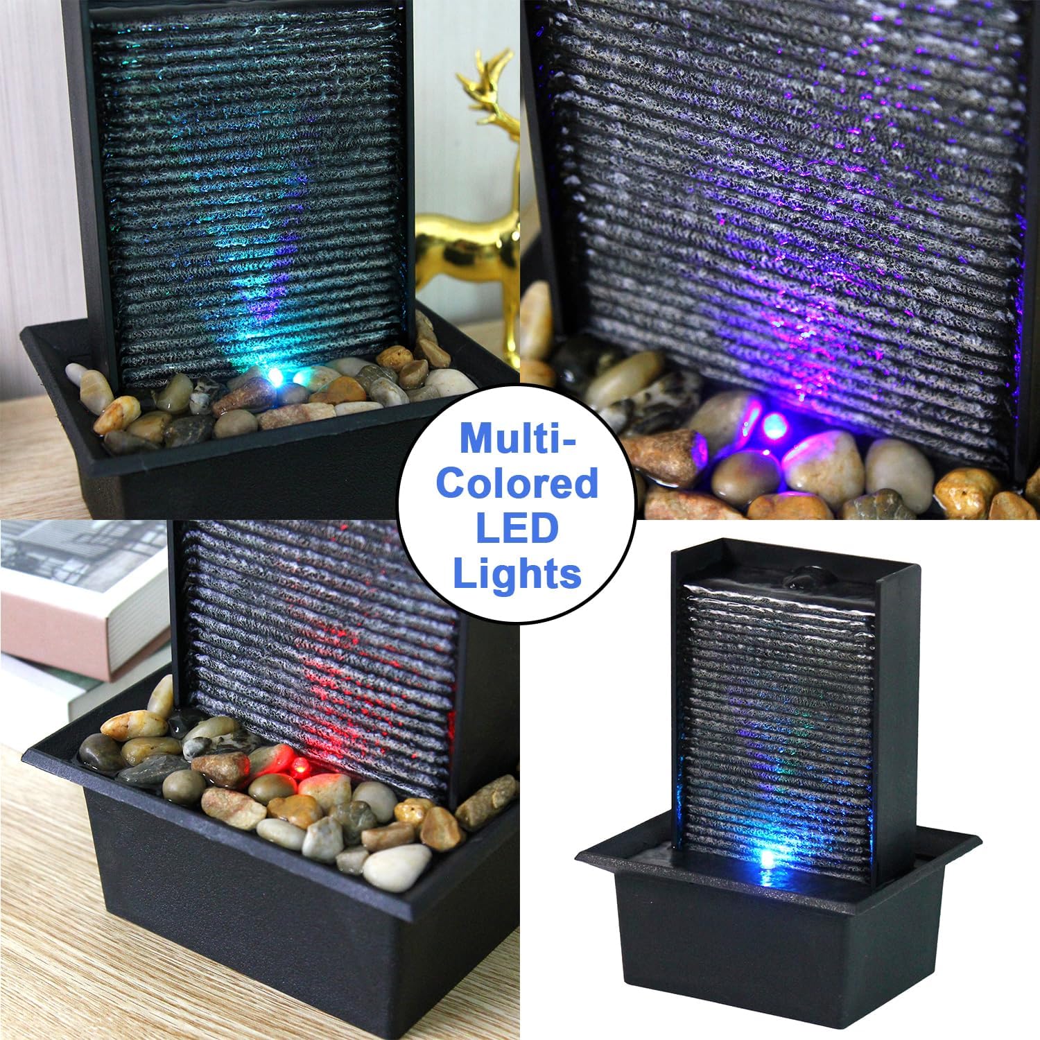Small Indoor Relaxation Tabletop Fountain, Zen Meditation Waterfall Feature with Color LED Light & Natural Rocks, 4 Level Desk Waterfall for Home Office Bedroom Living Room Decoration (Style 2)
