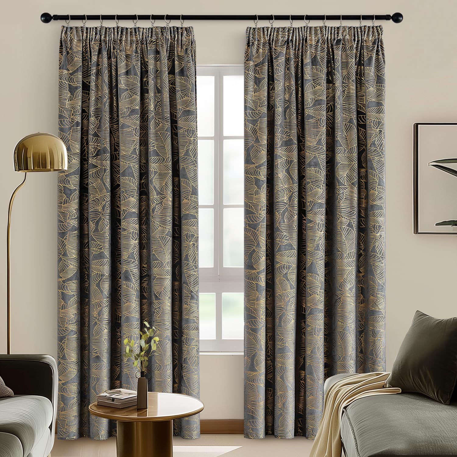 MIULEE Fluwelen gordijnen, plooiband met bladgouden print, verduisteringsgordijnen, fluweel, ondoorzichtig, thermogordijn, woonkamer, slaapkamer, set van 2, 140 x 280 cm, beige