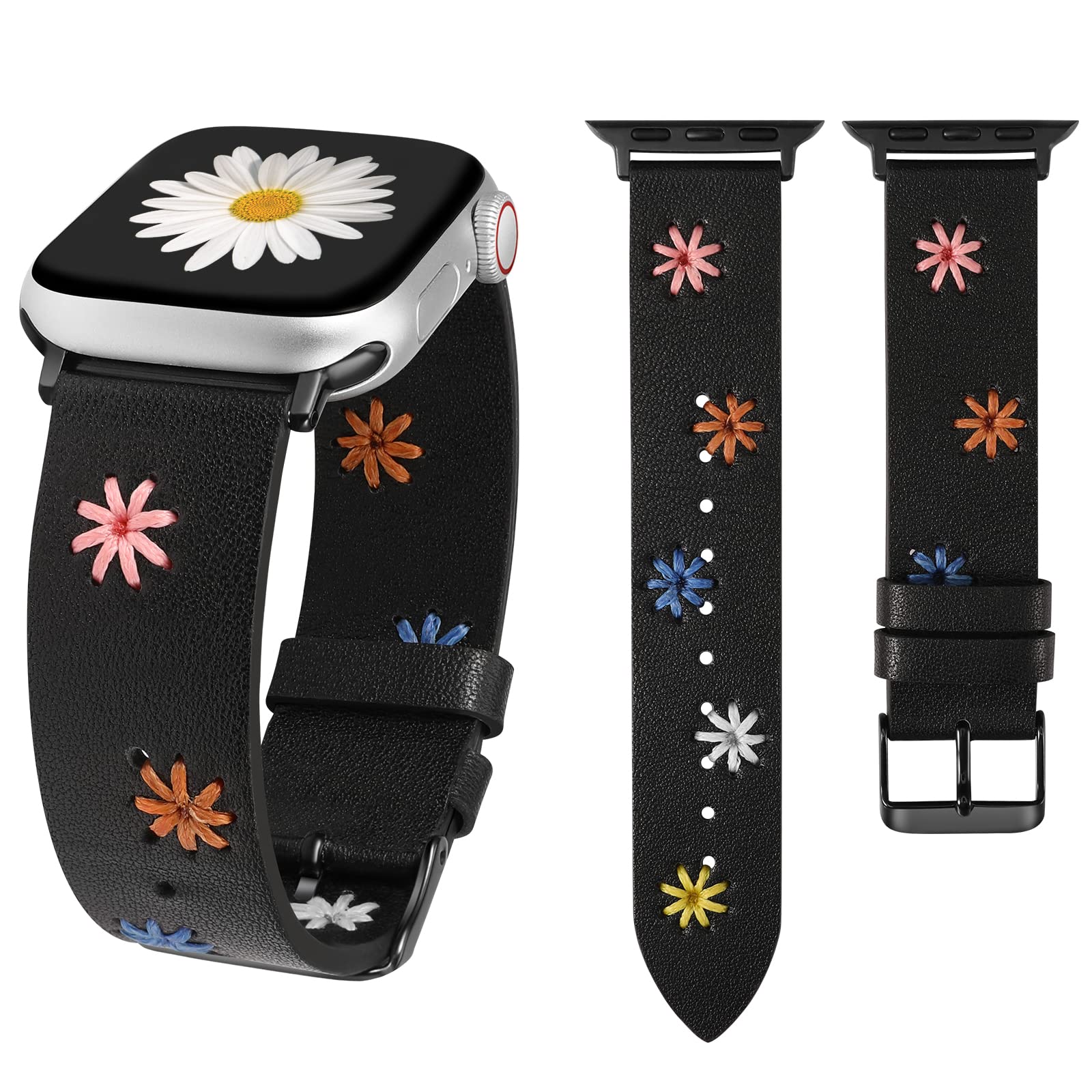 Wearlizer Daisy Leather Band Compatible with Apple Watch Band Women 41mm 40mm 38mm, Original Soft Leather Designer Dressy Strap with Cute Color Floral Stitching for iWatch Series 8/SE/7/6/5/4/3/2/1