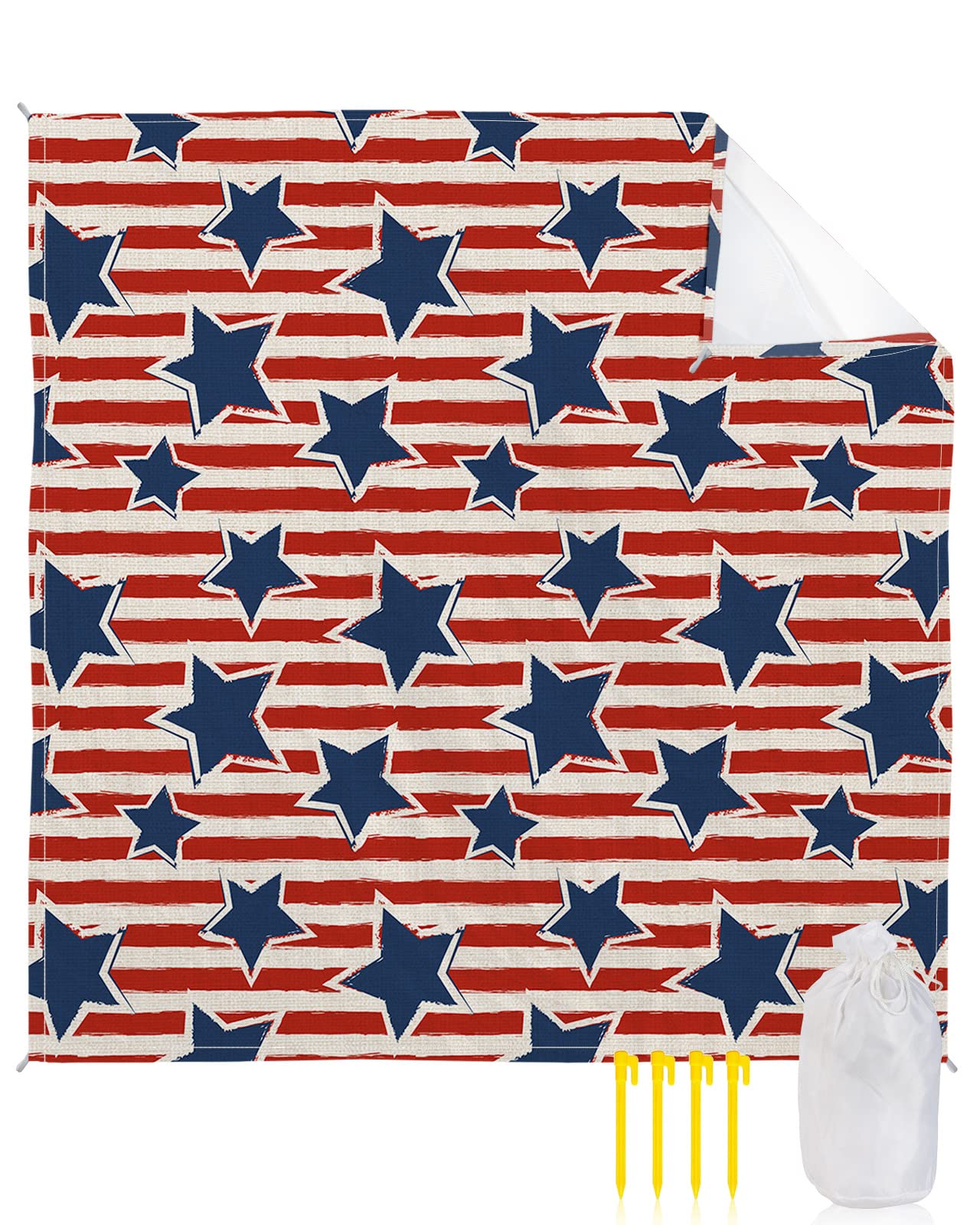 Waterproof Sandproof Beach Blanket - 108"x84" Large Picnic Mat With Stakes, Red White Blue