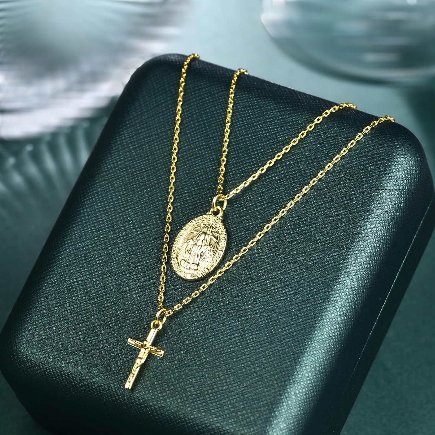 AllenCOCO Gold Cross Necklaces for Women, Crucifix Necklaces, Dainty Virgin Mary Necklace, Virgen de Guadalupe, Layered Pendants Chain Non Tarnish - Image 3