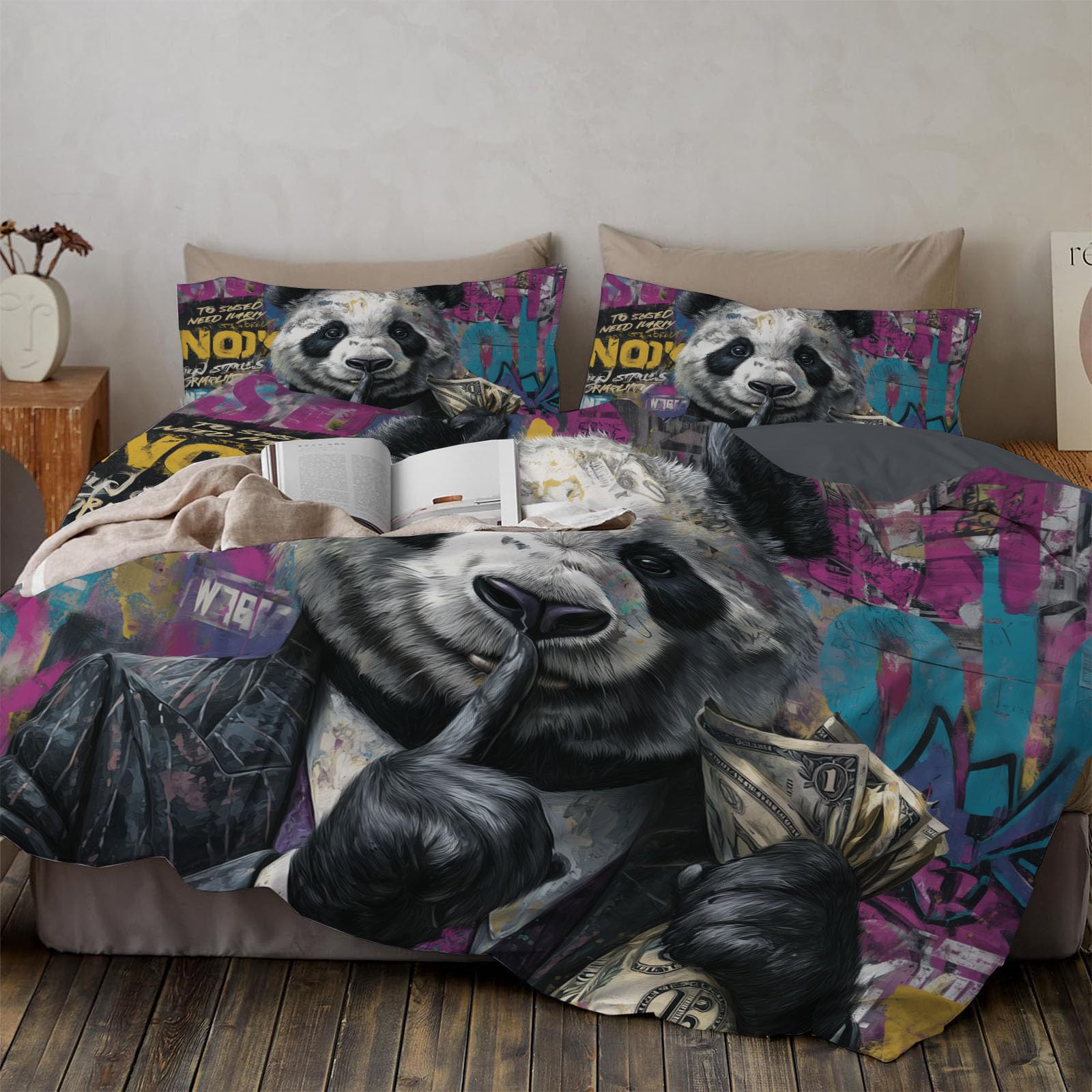 Housse de couette 220x240 panda coloré, parure de lit graffiti pour chambre d'ado moderne