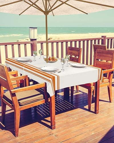 Miniatura 2 de Mantel de otoño para exteriores con agujero para paraguas, mesas rectangulares de rayas naranjas con cremallera, mantel impermeable para patio,