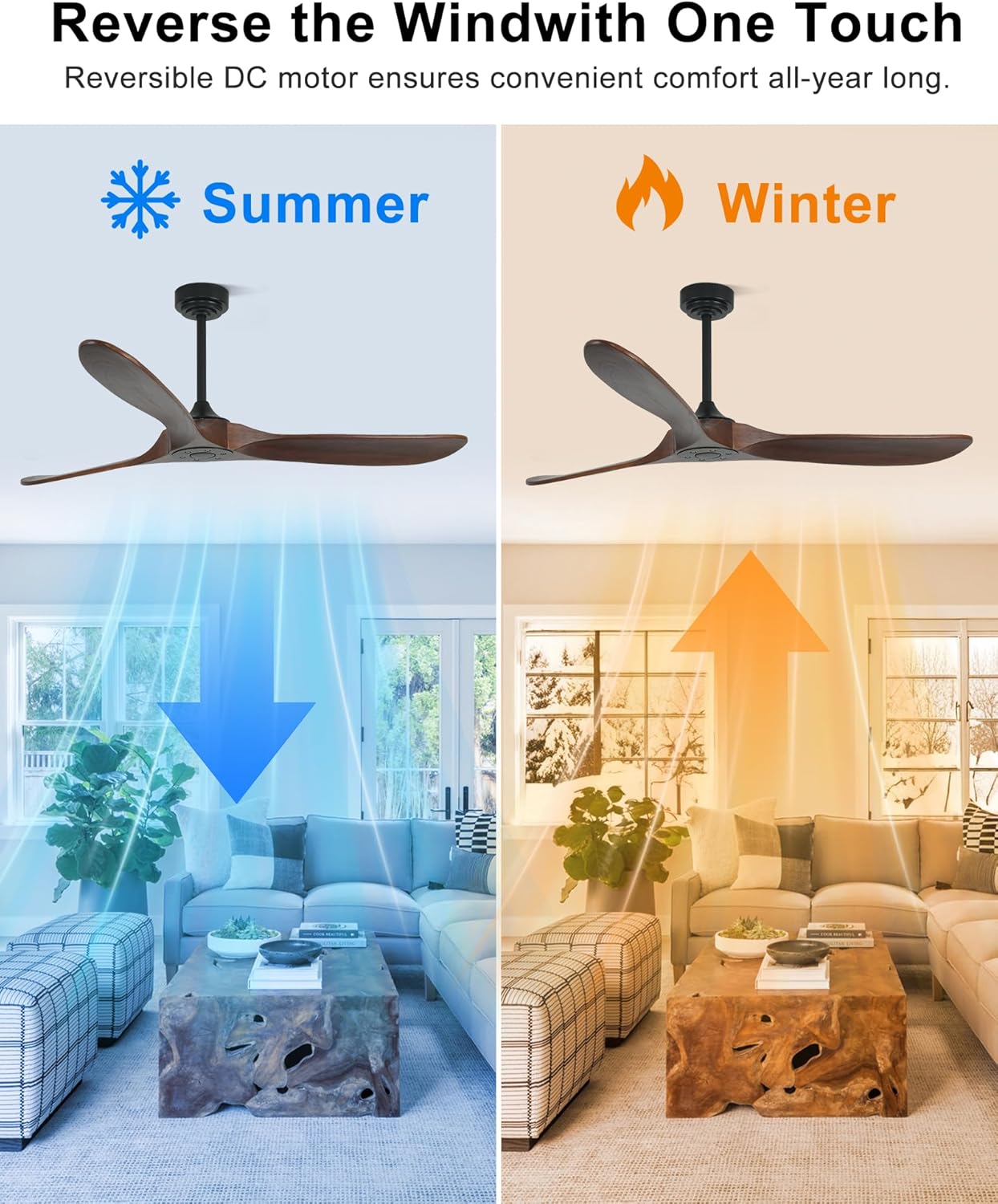 60" Wood Ceiling Fan no Light, Smart Ceiling Fans without Lights with Alexa Google App, Indoor Outdoor Ceiling Fan no Light for Bedroom Porch Modern Propeller 3 Blade High CFM Motor,Dark Walnut