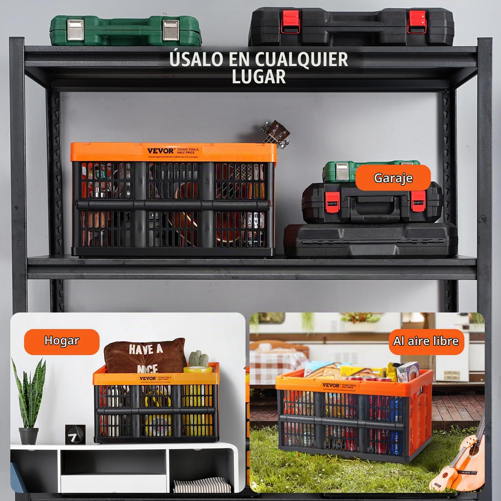 VEVOR Caja de Almacenamiento de Plástico Plegable con Tapas 3 PCS, Cajas de Transporte Apilable 45 L con Asas, Contenedores Grandes y Resistentes para Ropa, Juguetes, Libros, Accesorios, Negro/Naranja