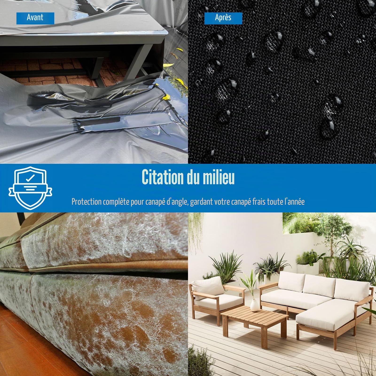 SIRUITON Housse de canapé en rotin en forme de V, imperméable et résistante aux déchirures, tissu Oxford 420D, durable pour extérieur, en forme de L avec ruban adhésif imperméable, 270 x 270 x 90 cm